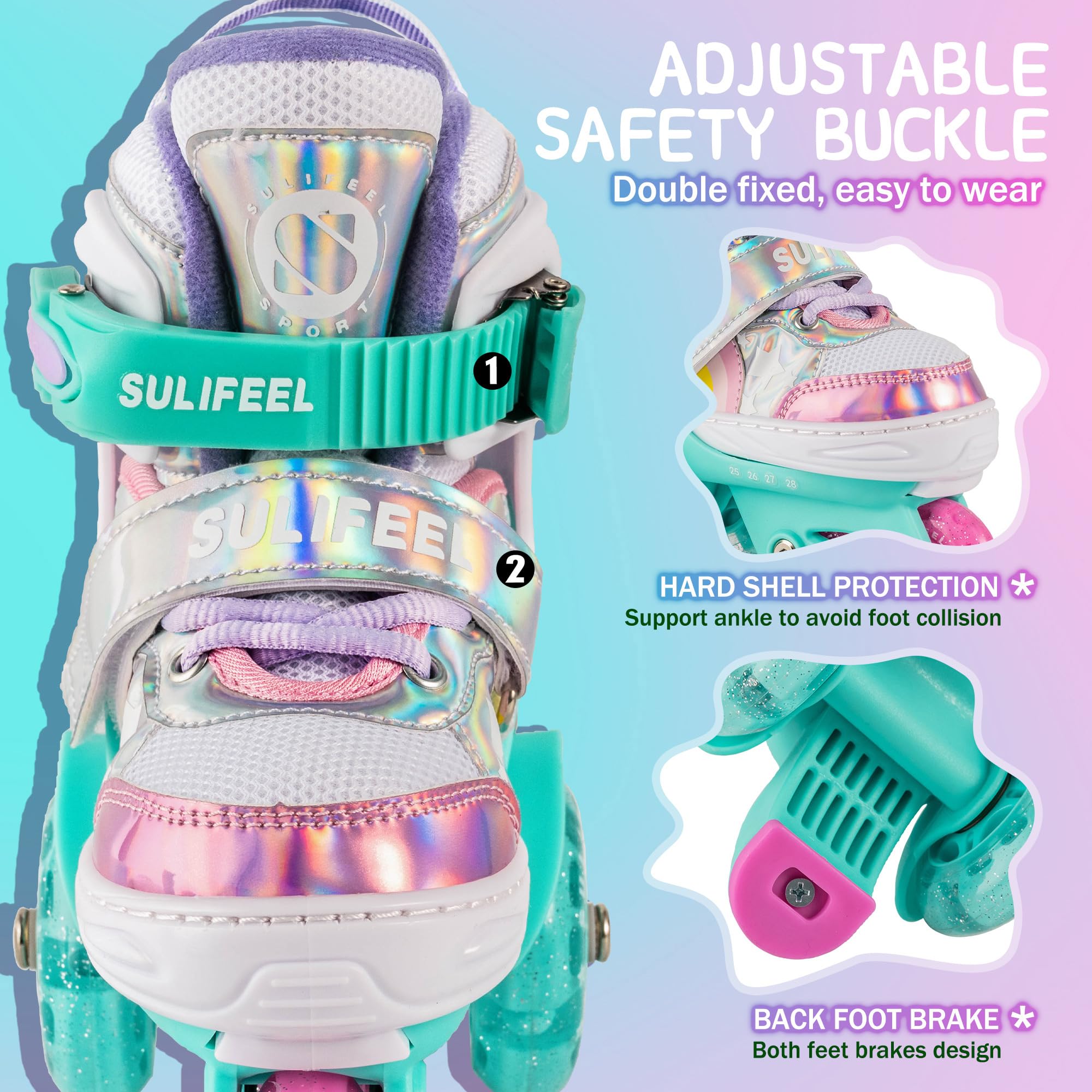 Sulifeel Rainbow Unicorn 4 Size Adjustable Light Up Roller Skates For Girls And Boys For Toddler Green X-Small