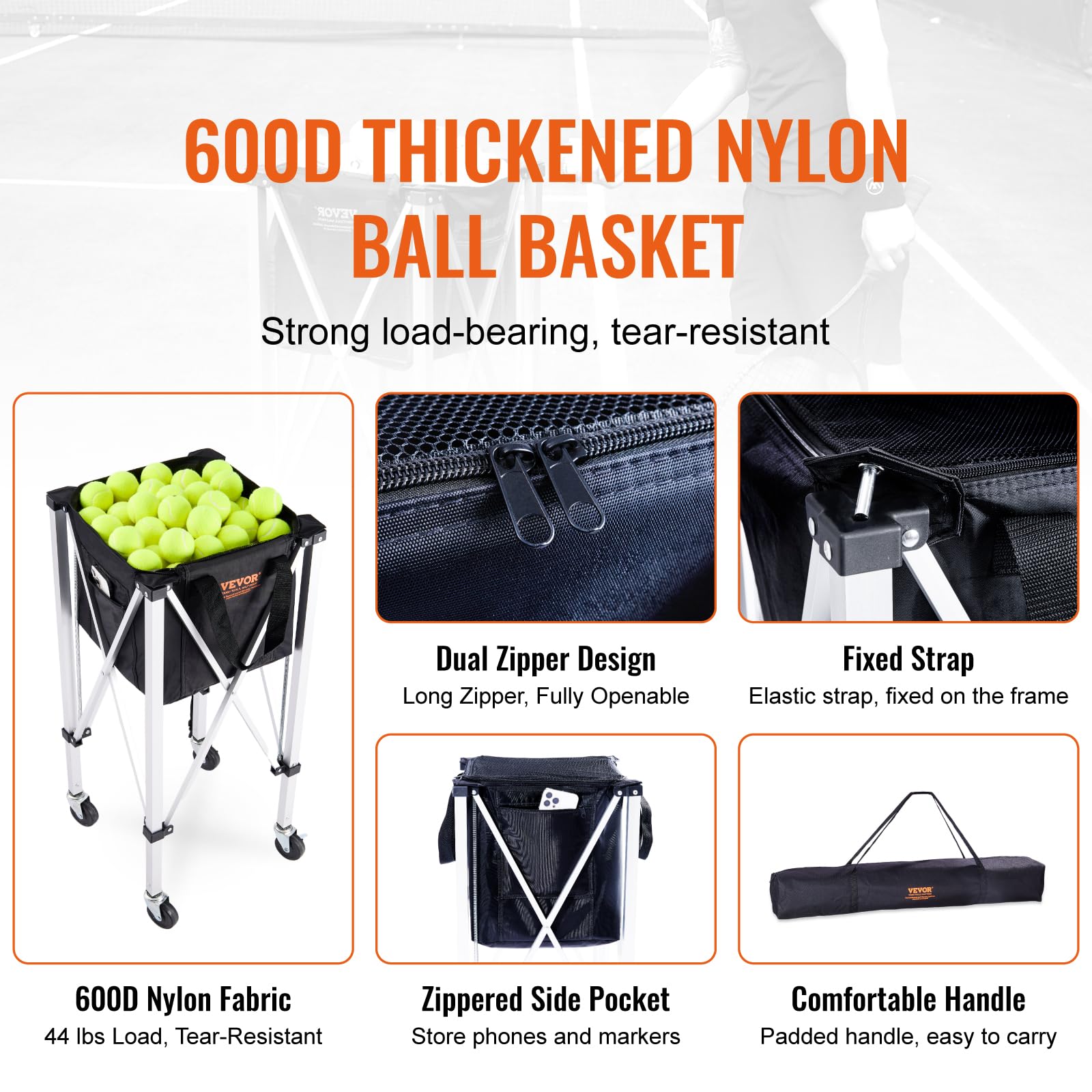 Vevor Foldable Tennis Ball Hopper, Holds 150 Tennis Balls, Lightweight Aluminum Alloy Tennis Ball Basket Cart With Wheels, Remov