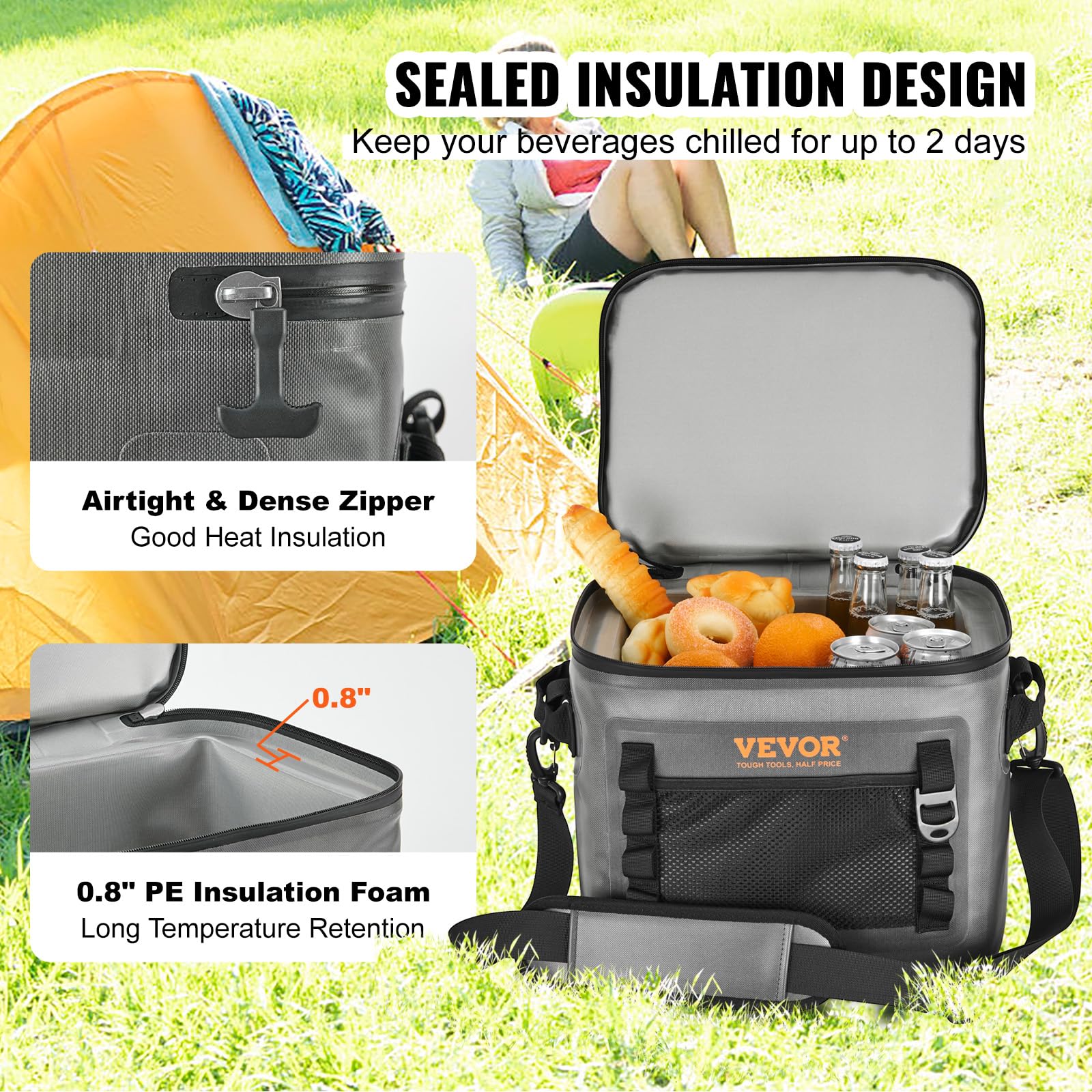 Vevor Soft Cooler 24 Cans Insulated Cooler Bag Leakproof Waterproof Lunch Soft Cooler Lightweight & Portable Cooler For Beach, H