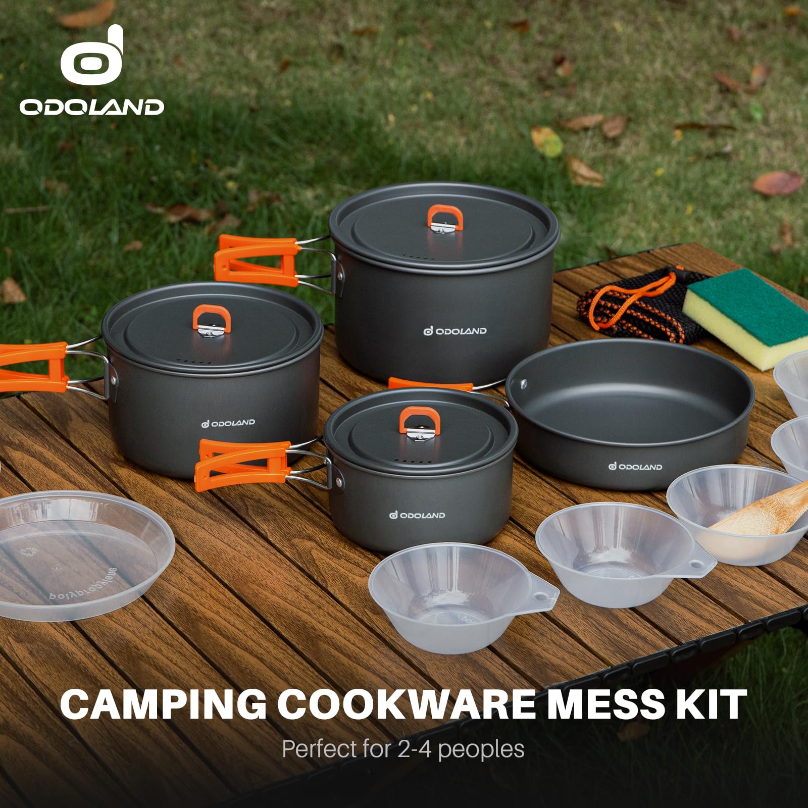 Odoland 15Pcs Camping Cookware Non-Stick Lightweight Camping Pots And Pans Set With Plastic Plates Bowls Soup Spoon For Camping,