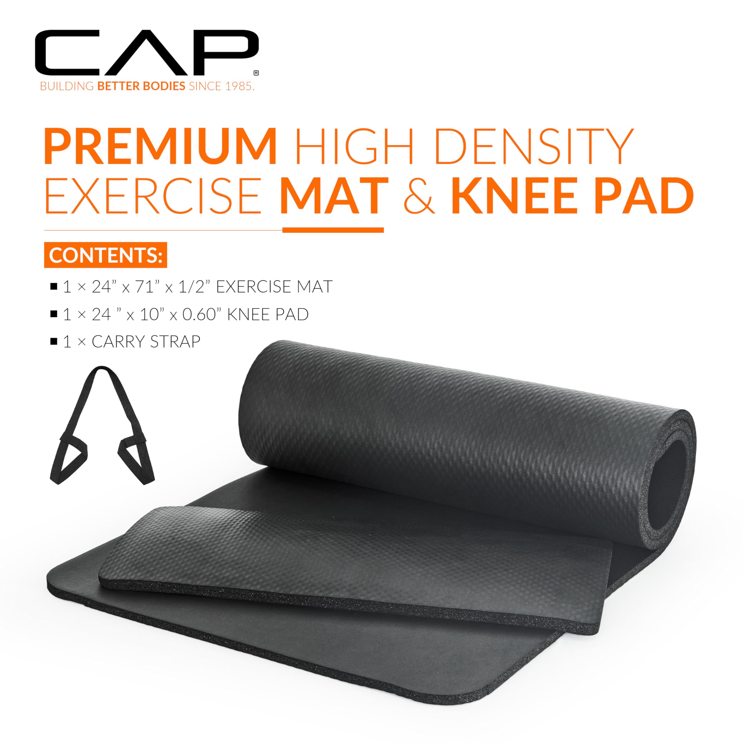 Cap High Density Exercise Yoga Mat With Strap And Knee Pad 71''X24''X1/2'' Black