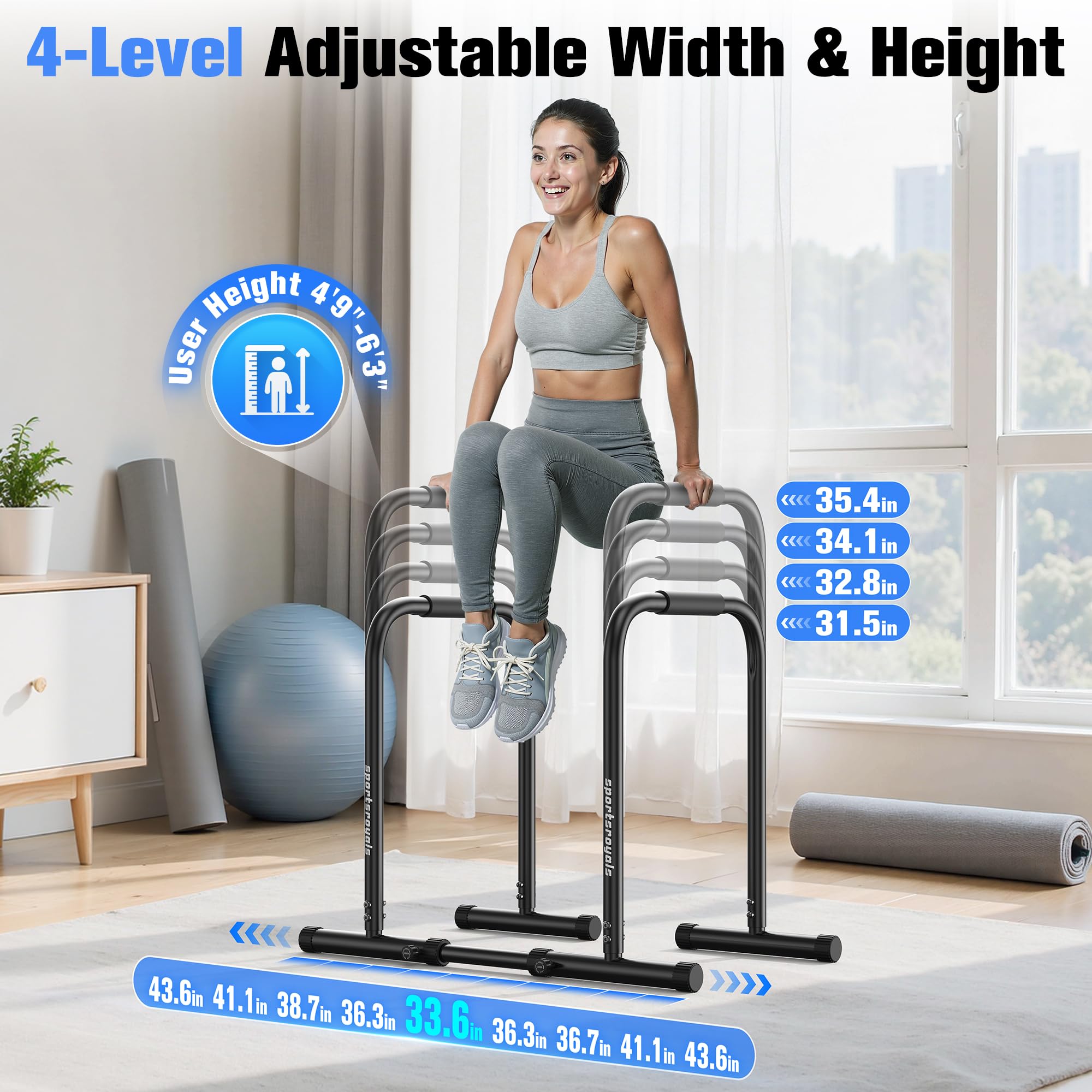 Sportsroyals Adjustable Dip Bar Station, Heavy Duty Parallette & Parallel Bars, 400LBS Stable Dip Stands for Home Gym, Calisthen