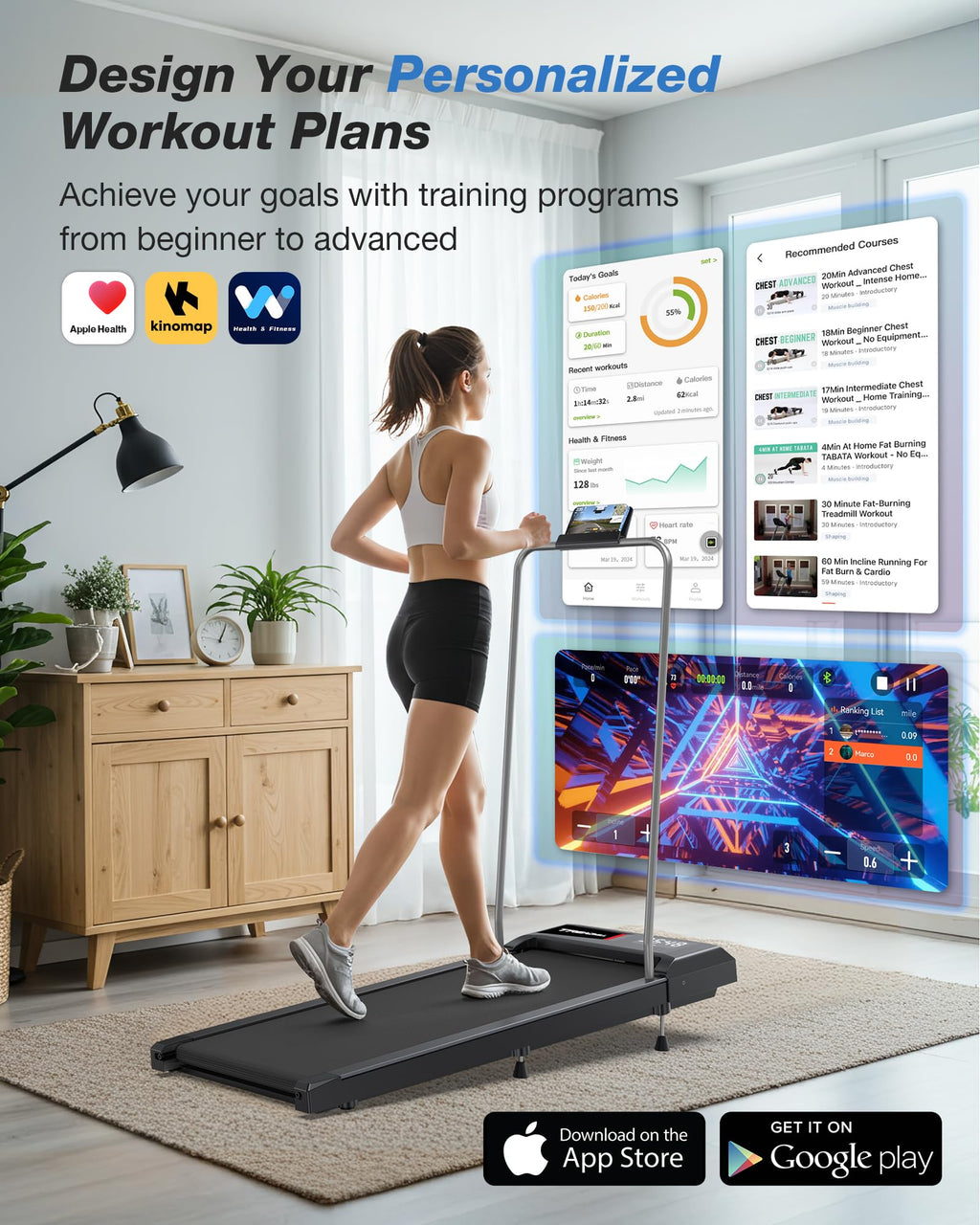 Walking Pad Treadmill With Handle Bar, Under Desk Treadmills For Home Small Office, 5.0 Mph Walking Pads With 10% Incline, Porta
