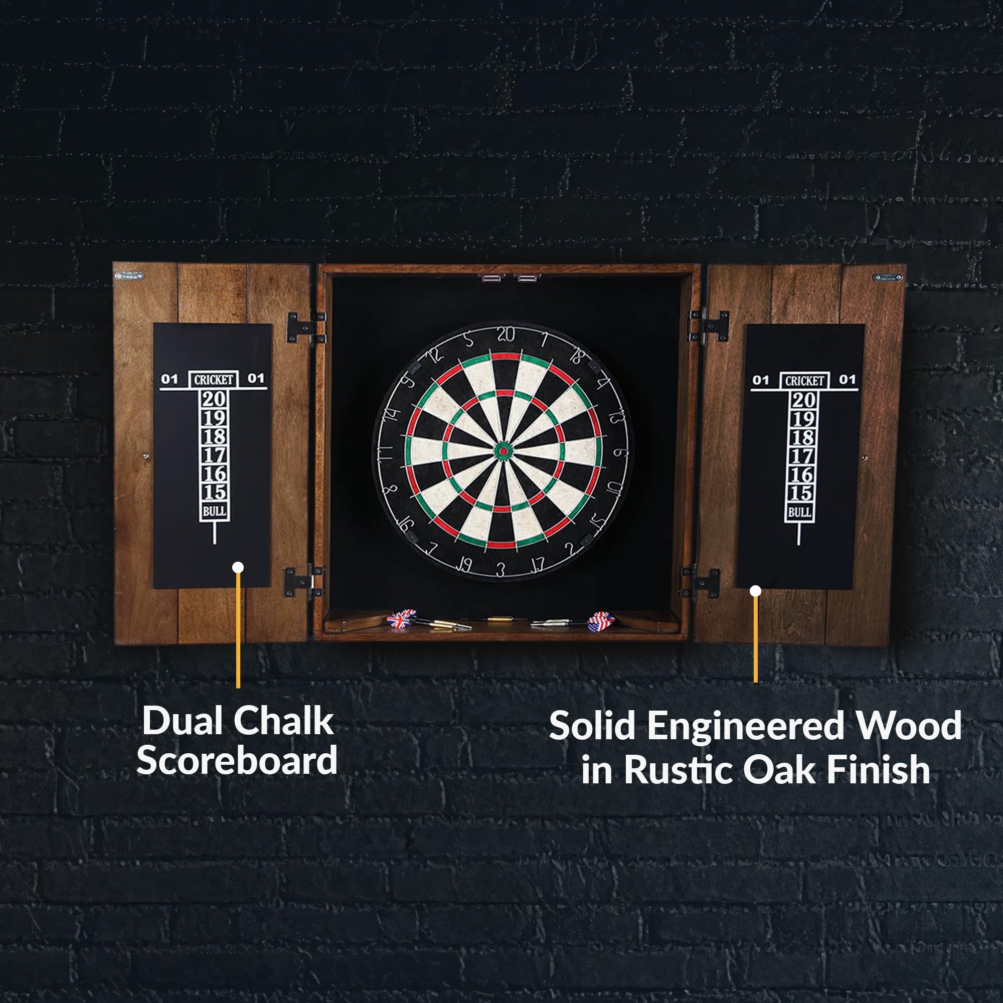 Hathaway Drifter Solid Wood Dartboard & Cabinet Set, Rustic Oak, 6'' L W X 25'' H