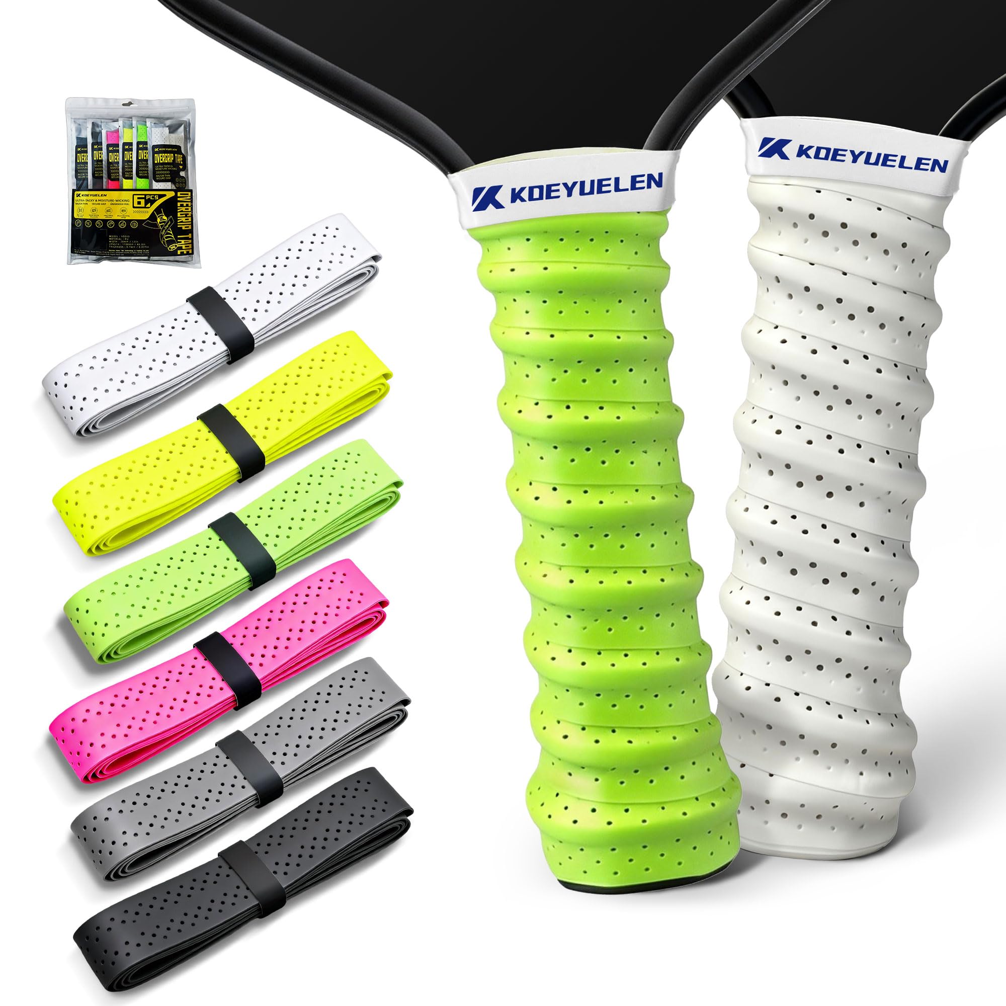 KOEYUELEN 6-Pack Pickleball Paddle Grip Tape, Rainbow Colors, Ribbed Non-Slip Racquet Overgrip, Moisture Control Shock-Absorbent
