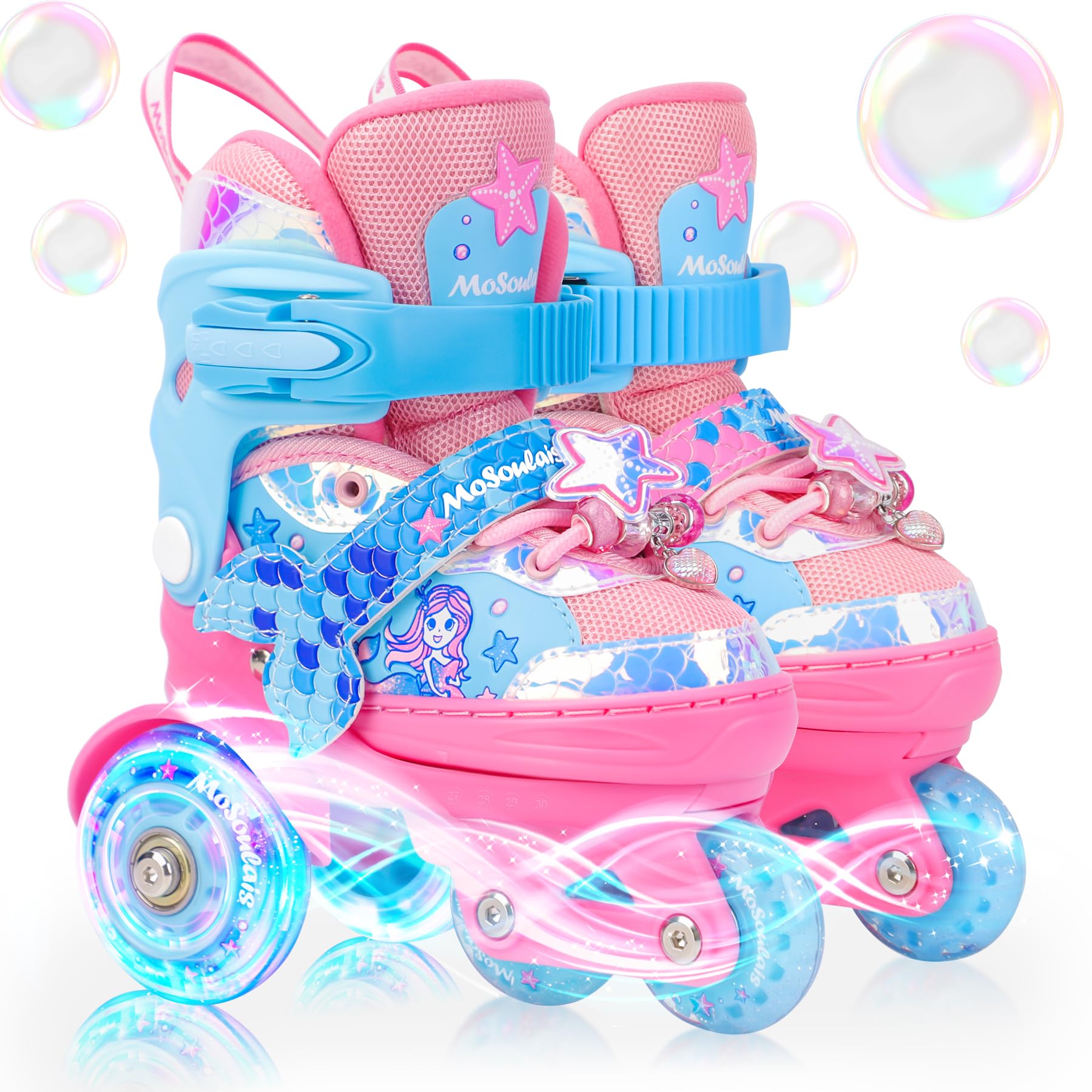 Mermaid Toddlers Roller Skates for Girls Kids Ages 5-8 8-12, Mosoulais 4 Size Adjustable Three-Point Light up Wheels Skates, Beg
