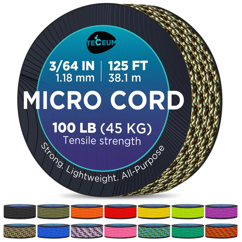 Teceum Micro Paracord - Camo - 1.18 Mm X 125 Ft - Micro Utility Cord - Thin Braided Paracord Rope Nylon Polyester - Wind Chime R