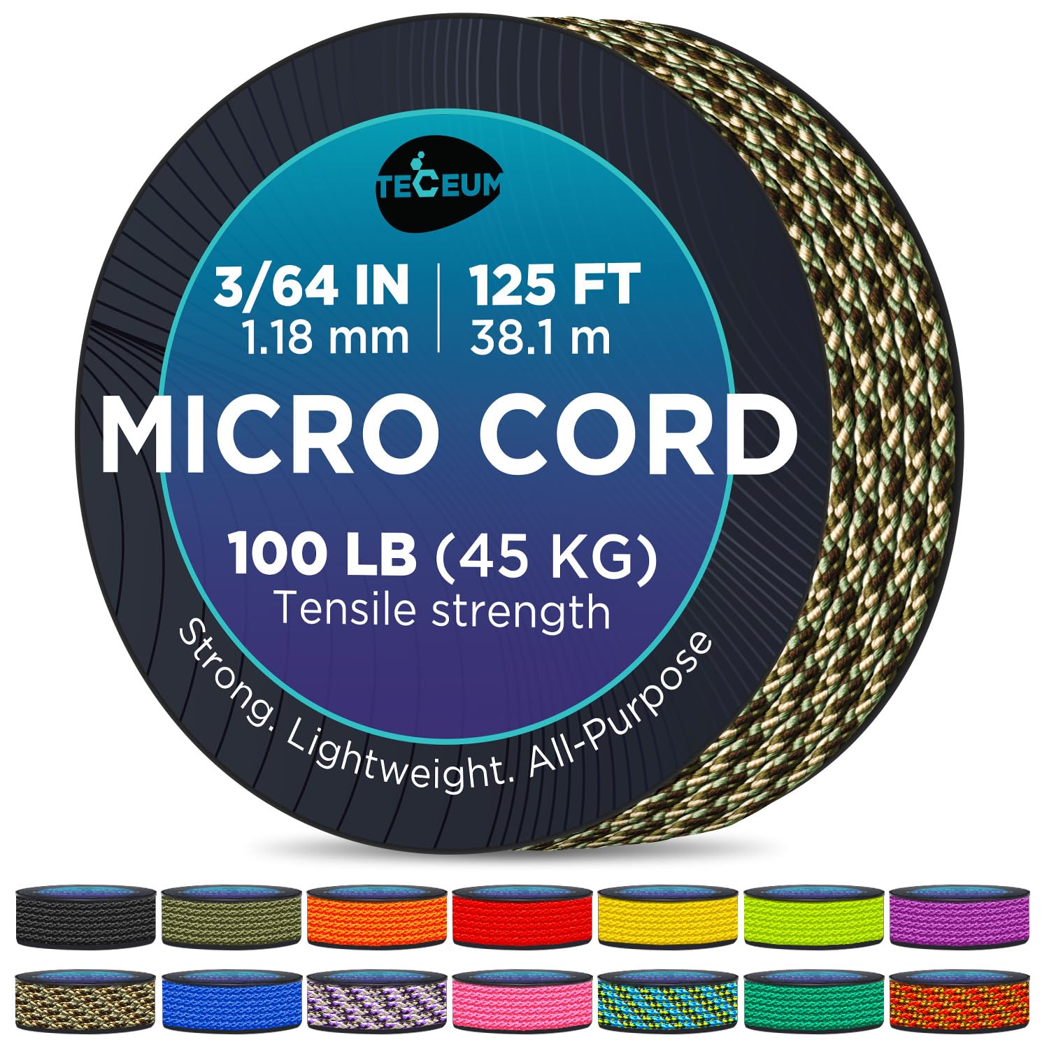 Teceum Micro Paracord - Camo - 1.18 Mm X 125 Ft - Micro Utility Cord - Thin Braided Paracord Rope Nylon Polyester - Wind Chime R