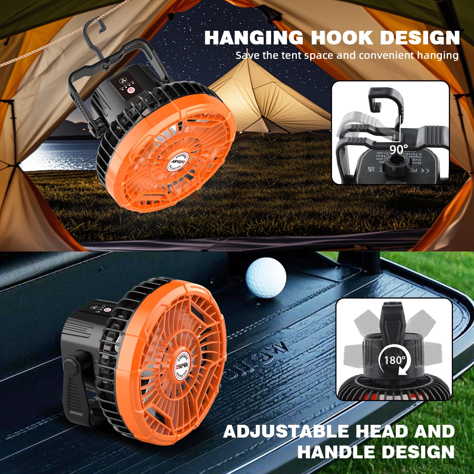 Aipset Rechargeable Golf Cart Fan, 10400Mah Battery, 3-Speed, Led Light, 36 Hrs Work, Remote Control, Hang Hook, Usb & Type C Po