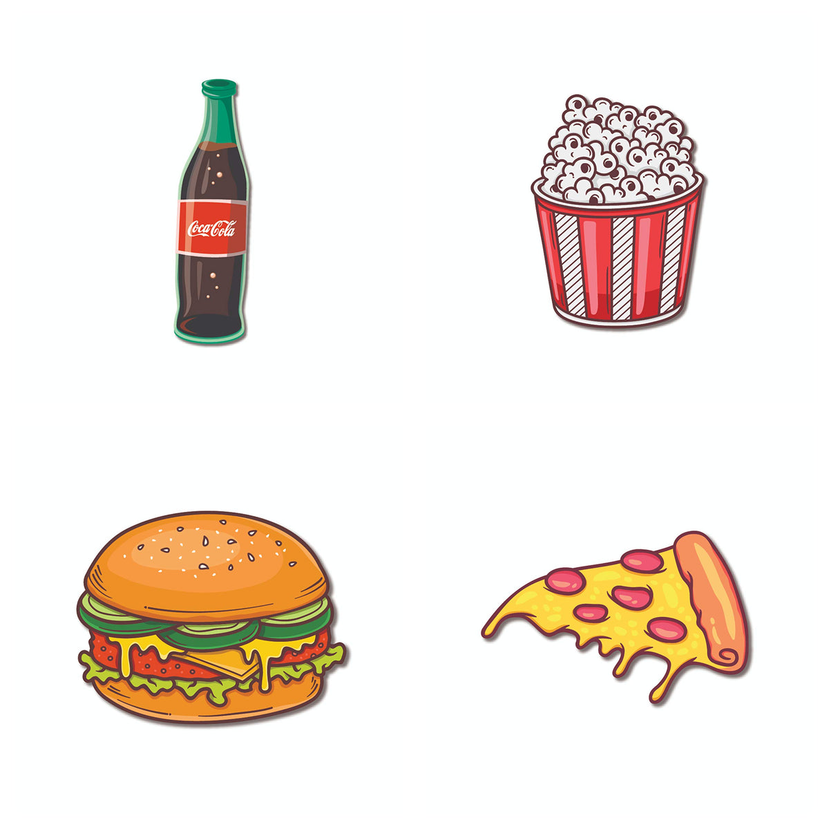 Bhai Please Burger, Popcorn, Pizza and Coke Wooden Fridge Magnet (Pack of 4 pcs, one pc Each Design) Food, Drink, Kitchen Decora