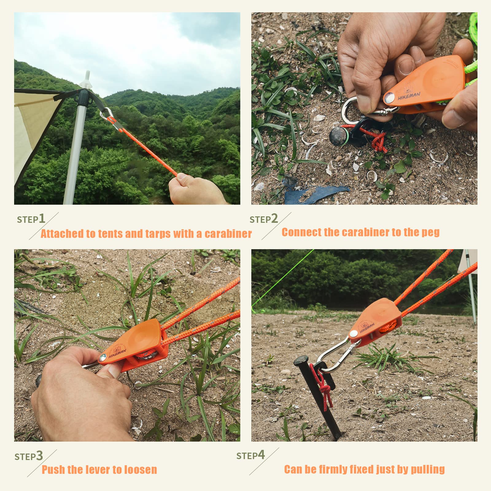 Hikeman Camping Rope With Ratchet Pulley,Quick Setup Outdoor Guy Lines Adjustable Tent Tie Downs Rope Hanger For Canopy,Kayak An