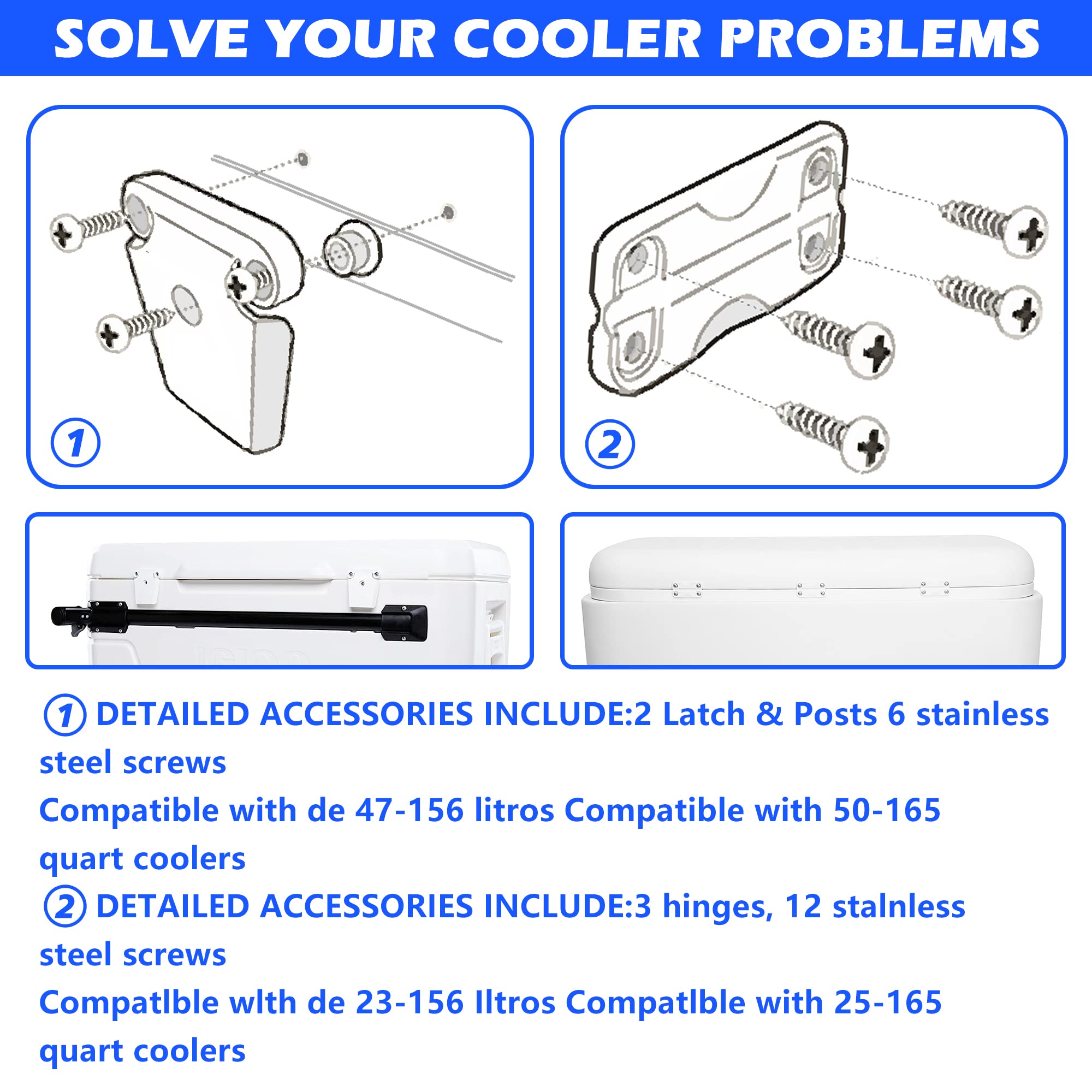 Cooler Hinge And Latch And Screws Kit, High Strength Cooler Latch Replacement Parts. Ice Chest Plastic Hinges, Latch Posts, And