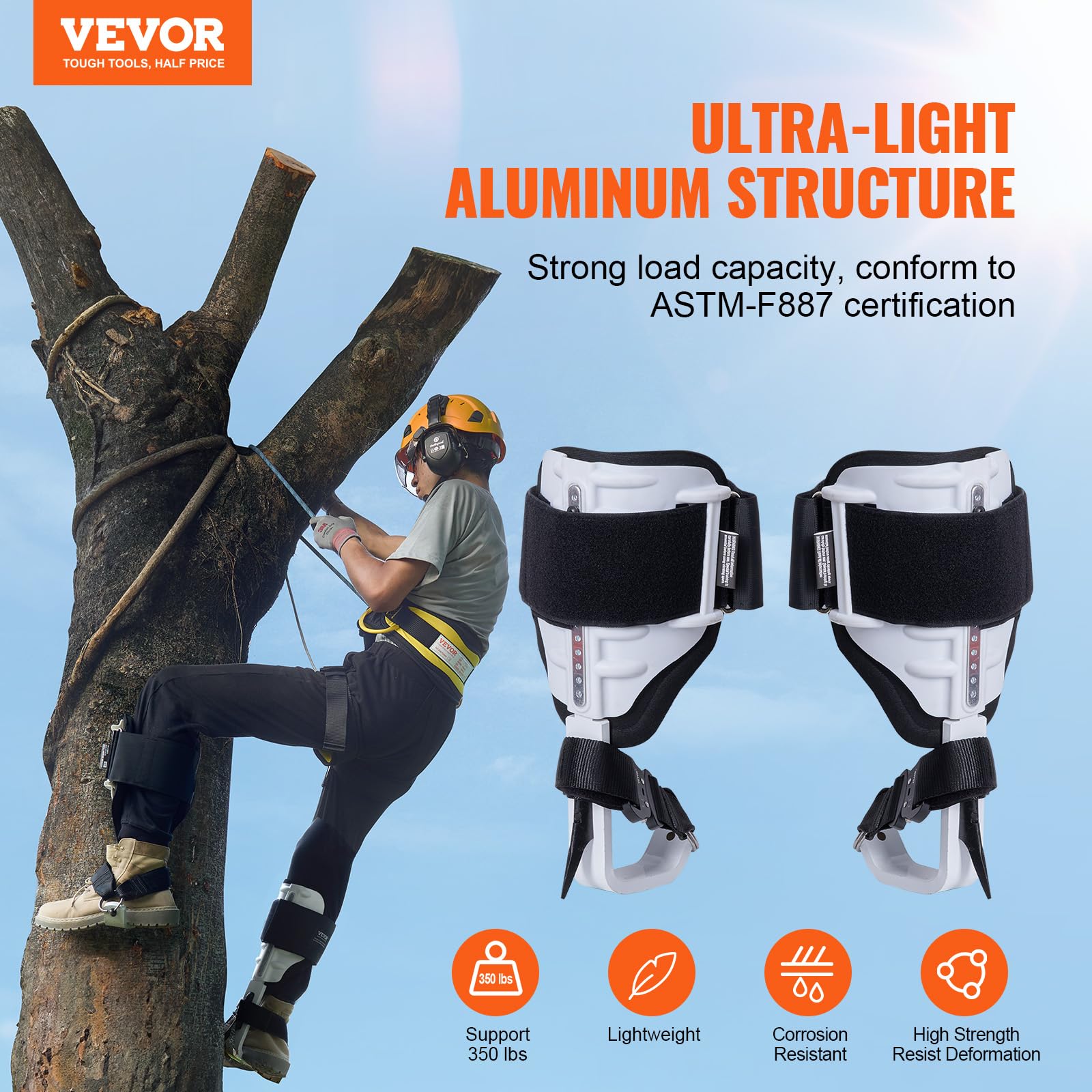 Vevor Tree Climbing Spikes, 1 Pair Aluminum Climbing Spurs, 350Lbs Load Capacity Tree Climbing Gear With Straps And Spike Protec