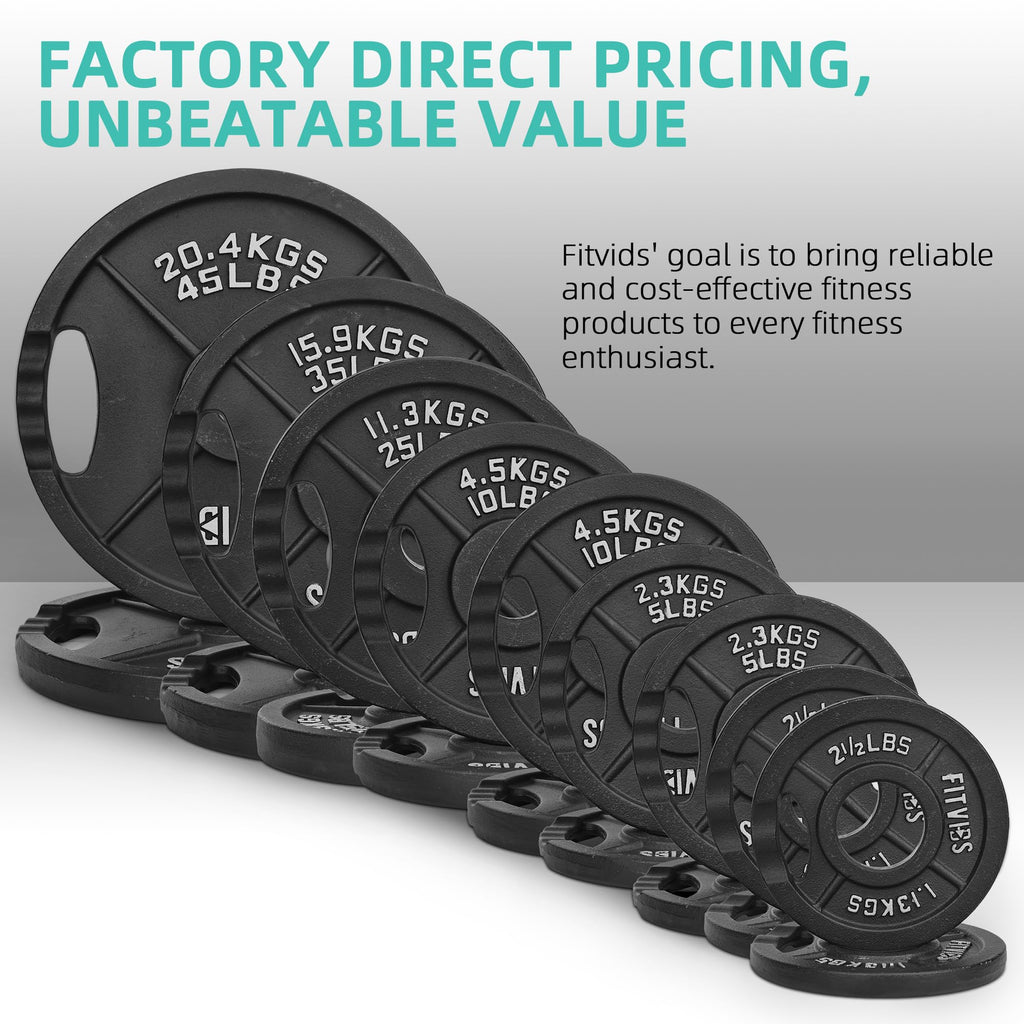 Fitvids Olympic Cast Iron 2-Inch Weight Plates Including 5Ft Olympic Barbell Bar & Safely Locks, 100 Pounds Set (85 Lbs Plates +