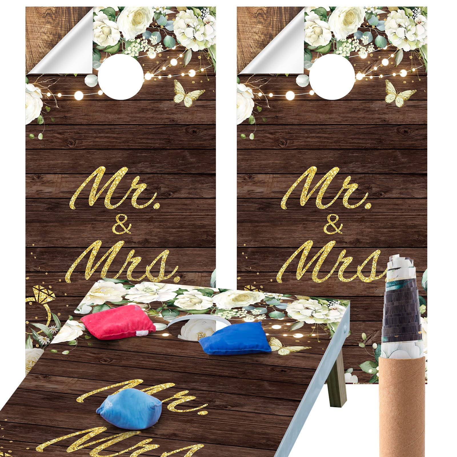 Feifeiya 2 Pcs Wedding Themed Cornhole Wraps for Boards 24.5  x 48.5  Mr. & Mrs. Vinyl Decals and Wraps WeddingGame Bean Bag Tos