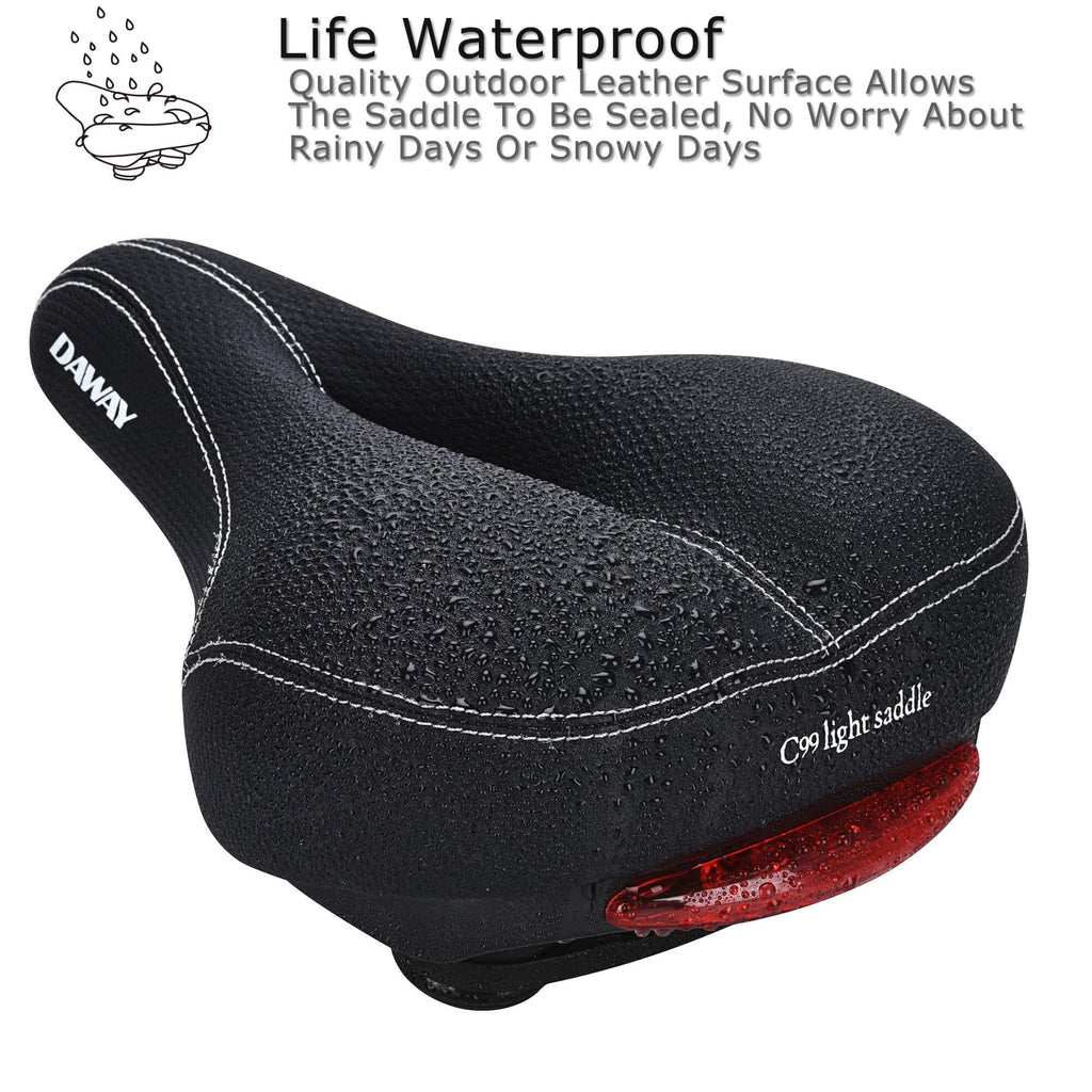 Daway Comfortable Men Women Bike Seat - C99 Soft Memory Foam Padded Wide Leather Bicycle Saddle Cushion With Taillight, Waterpro