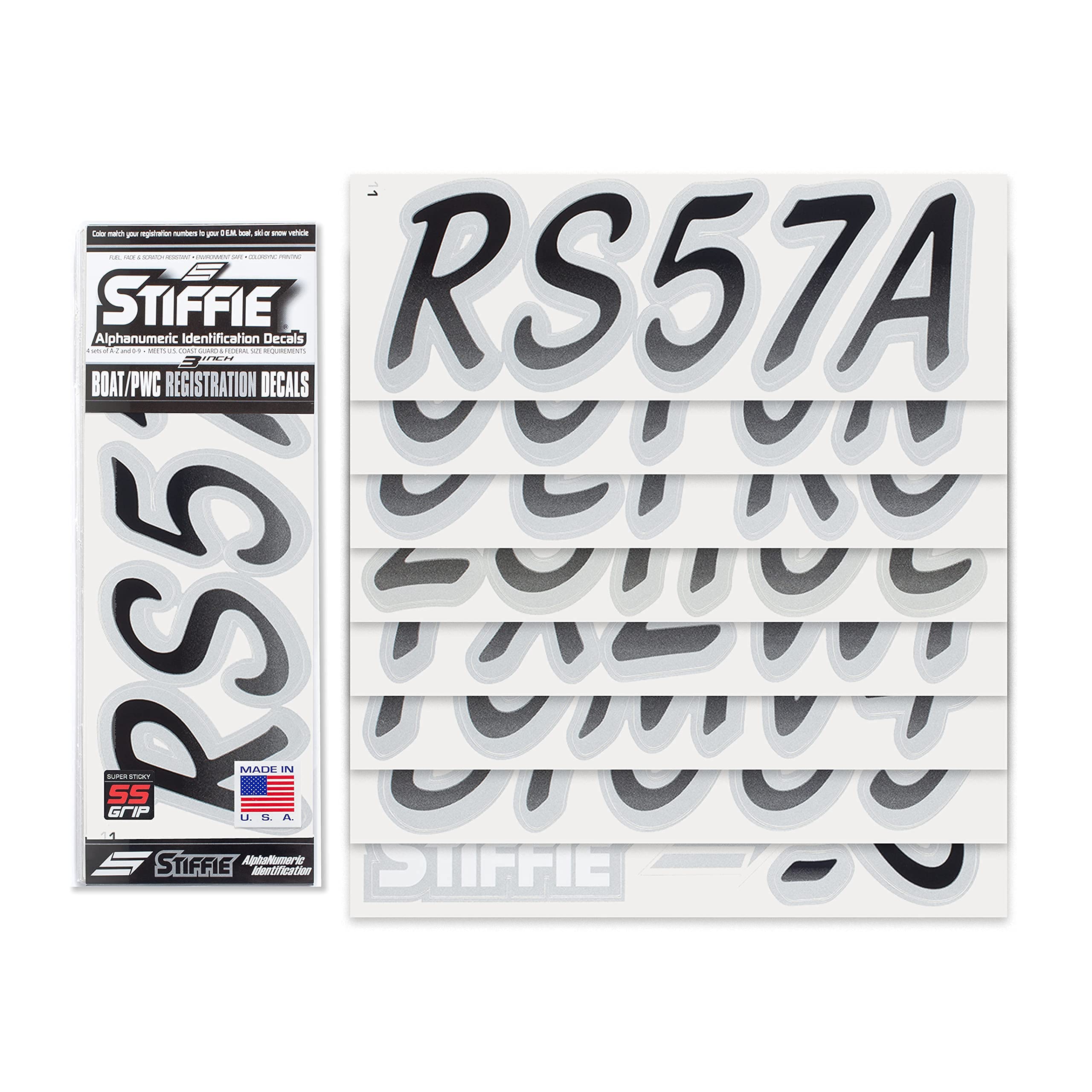 Stiffie Whipline Black/Silver Super Sticky 3 '' Alpha Numeric Registration Identification Numbers Stickers Decals For Sea-Doo Sp