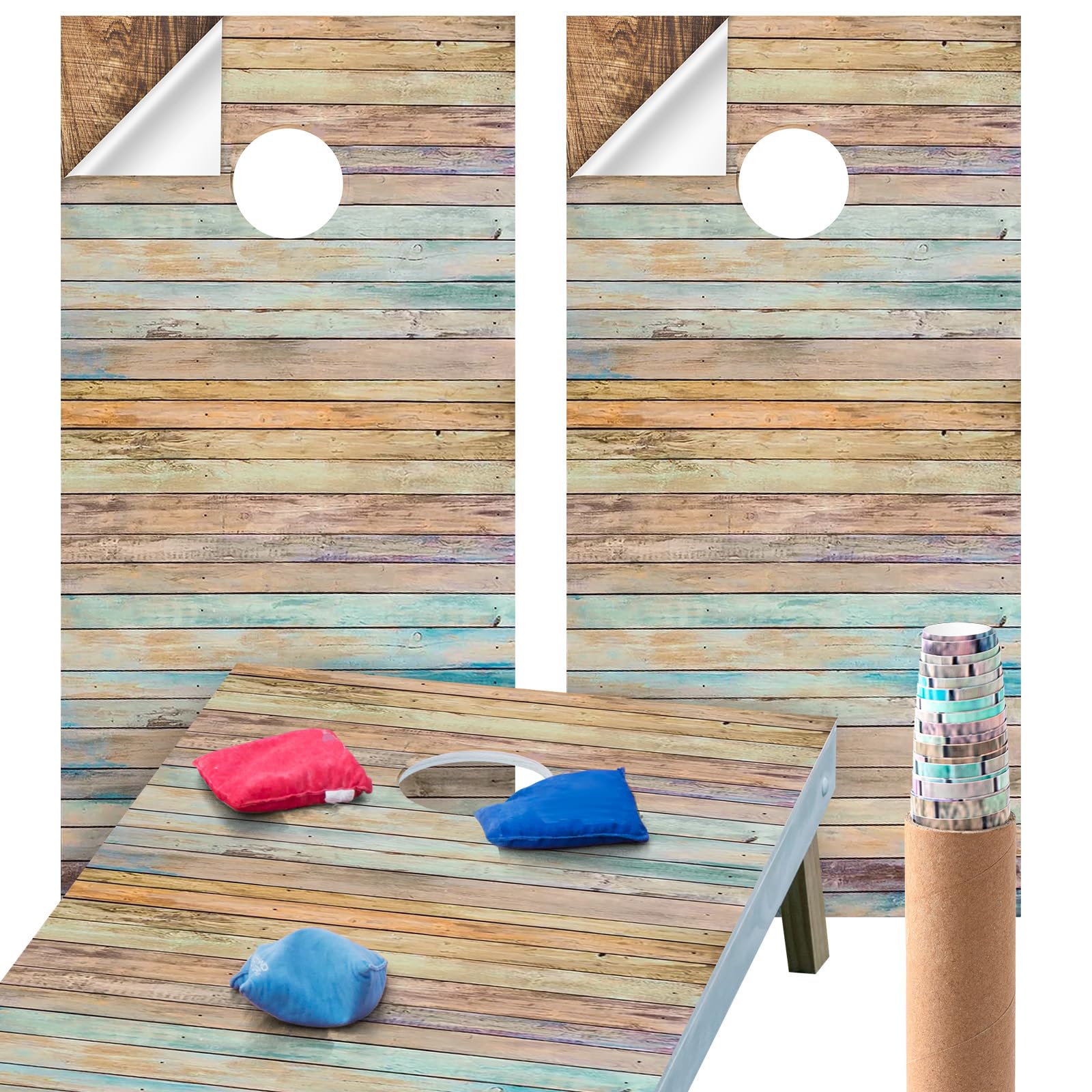 Feifeiya 2 Pcs Wood Grain Cornhole Wraps for Boards 24.5 x 48.5 Vinyl Decals and Wraps Fall Festival Carnival Game Bean Bag Toss