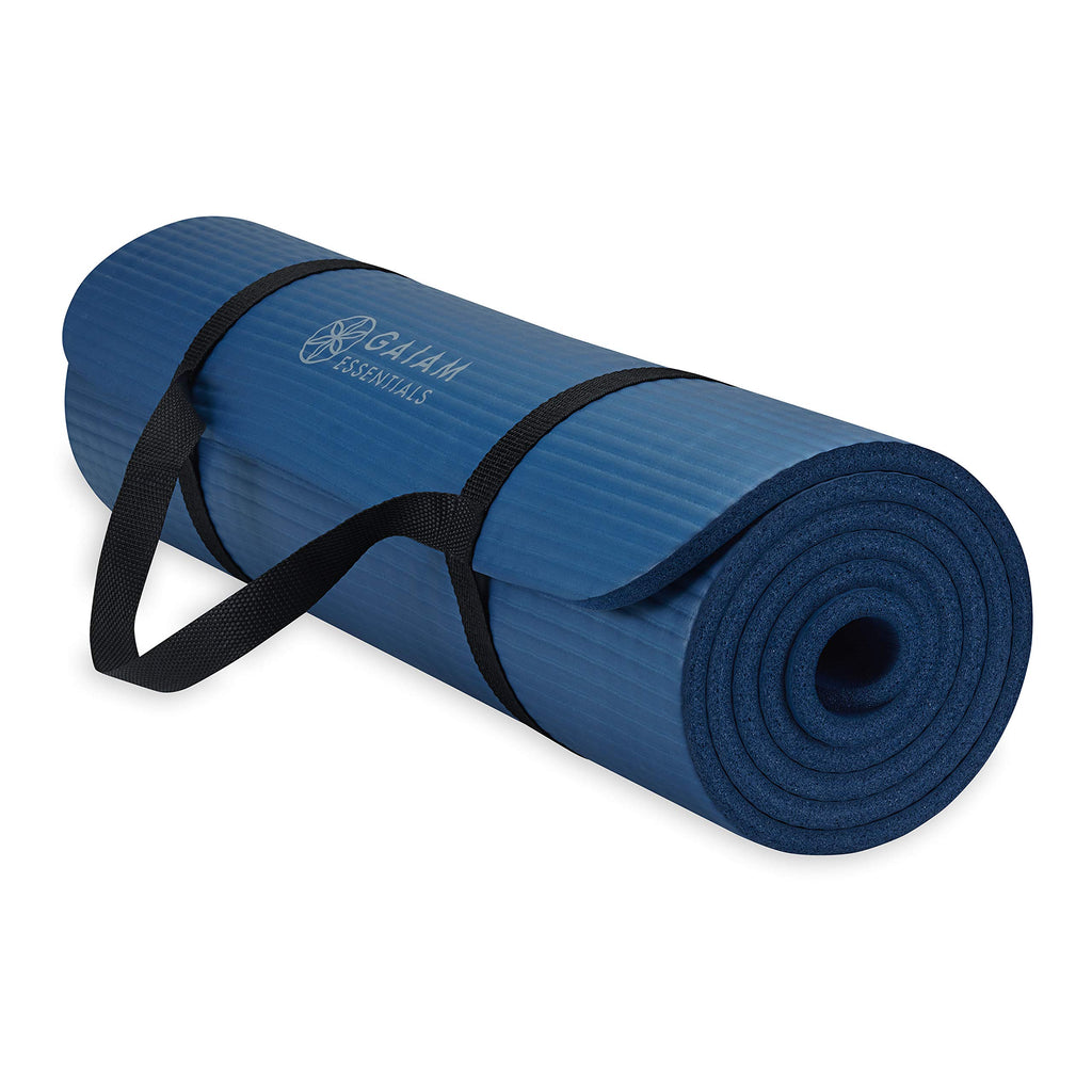 Gaiam Essentials Thick Yoga Mat Fitness & Exercise Mat With Easy-Cinch Carrier Strap, Navy, 72''L X 24''W X 2/5 Inch Thick, 10Mm