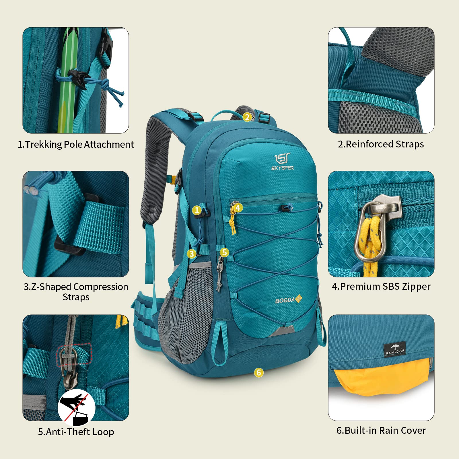 Skysper Hiking Backpack For Men Women, 35L Travel Backpack Waterproof Camping Backpack Outdoor Lightweight Daypack(Teal)