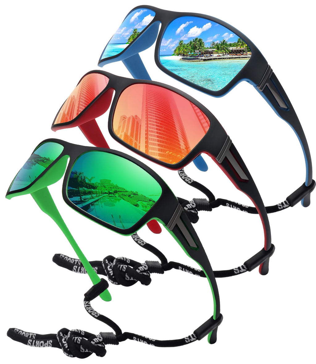 Storycoast Polarized Sports Sunglasses For Men Women Unbreakable Frame Cycling Fishing Driving 3Pack-Red+Blue+Green