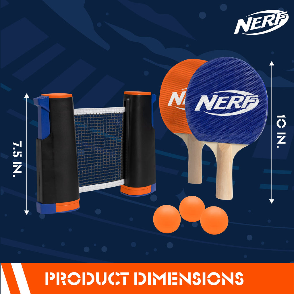 Nerf 7-Piece Retractable Tabletop Tennis Game Set, Play Almost Anywhere With Expandable Net, 2 Paddles And 3 Balls, Includes Con
