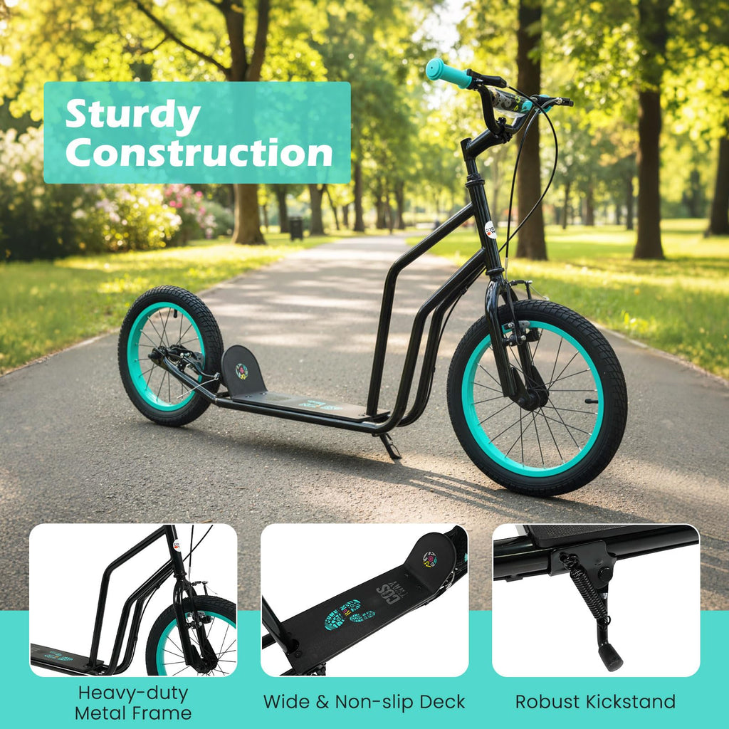 GYMAX Youth Scooter, Height Adjustable Kick Scooters with Extra Large Inflatable 16    Front & 14    Rear Wheels, Dual Hand Brak