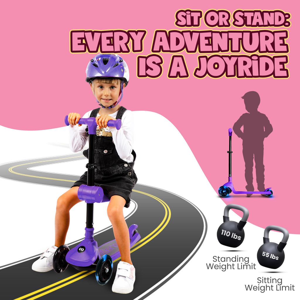 SereneLife 3 Wheel Scooter for Toddlers & Kids, Foldable Seat, LED Wheels, Adjustable Handlebar, Anti-Slip Deck, Rear Foot Brake