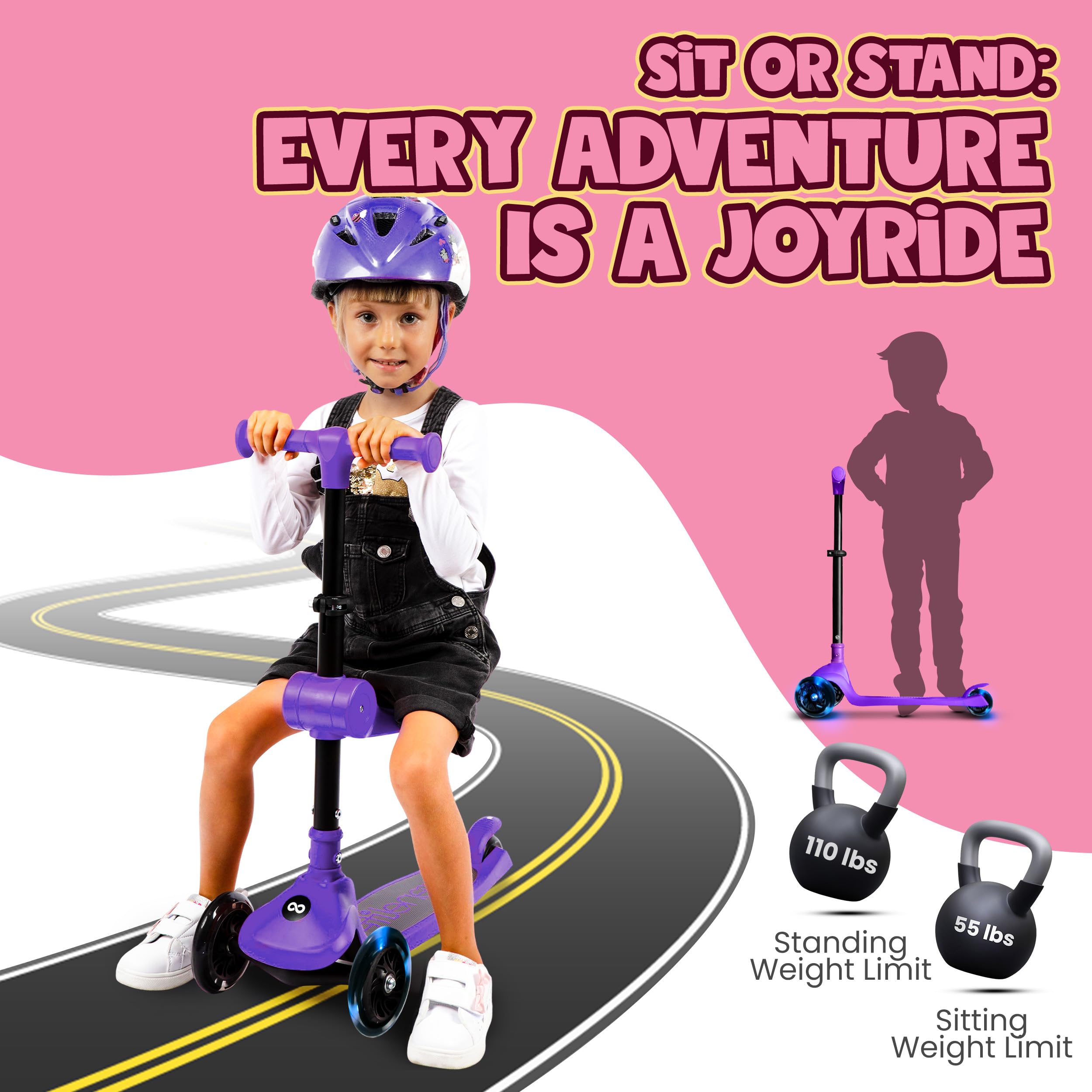 SereneLife 3 Wheel Scooter for Toddlers & Kids, Foldable Seat, LED Wheels, Adjustable Handlebar, Anti-Slip Deck, Rear Foot Brake