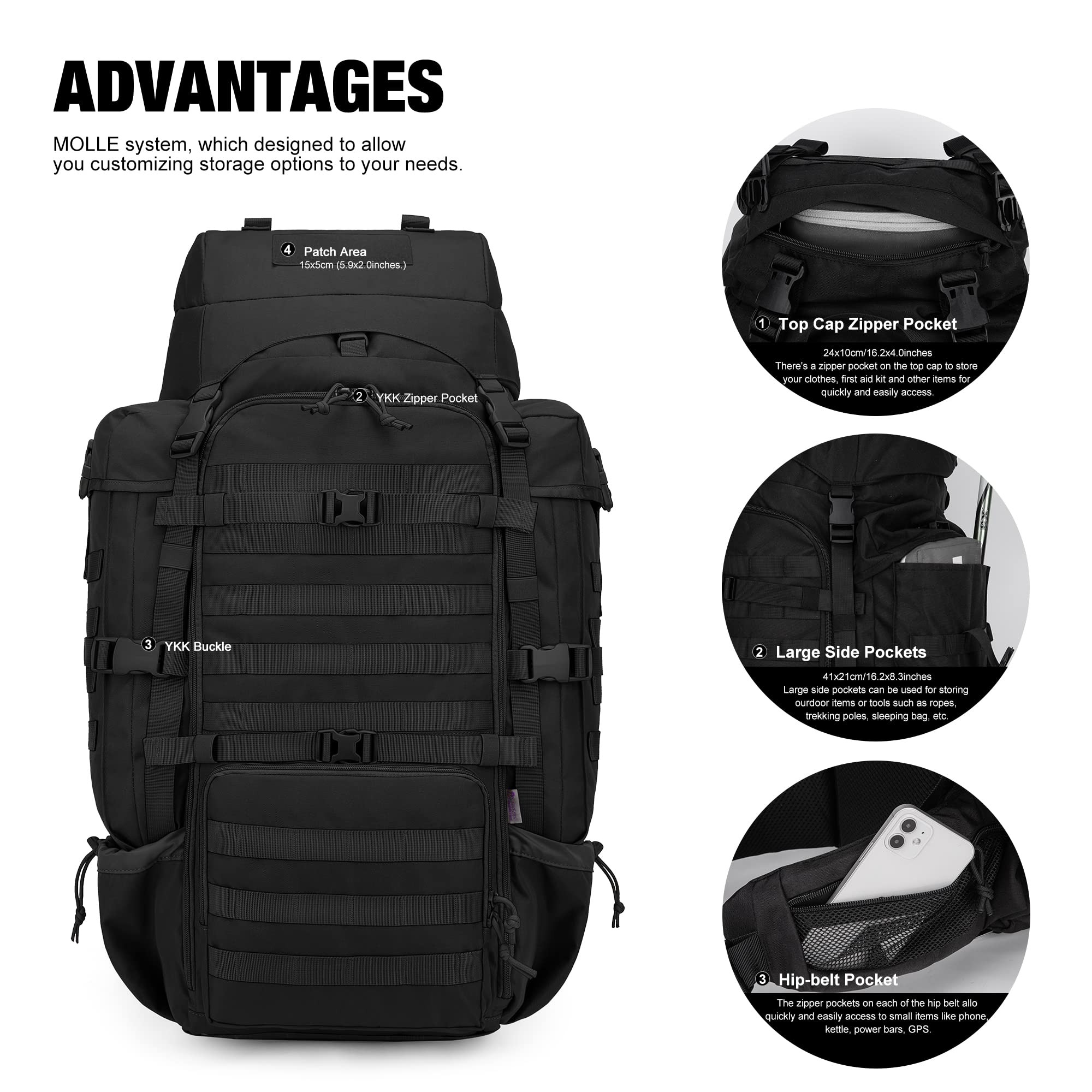 Mardingtop 70L Hiking Internal Frame Backpacks With Rain Cover Black