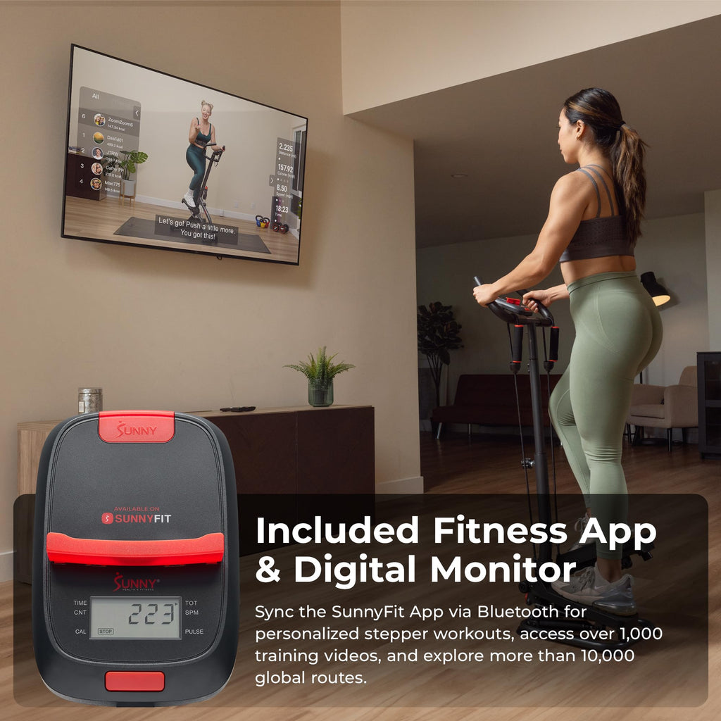 Sunny Health & Fitness Total Body 2-in-1 Smart Stepper Machine for Home with Handlebar and Resistance Bands, Total Body Workout,