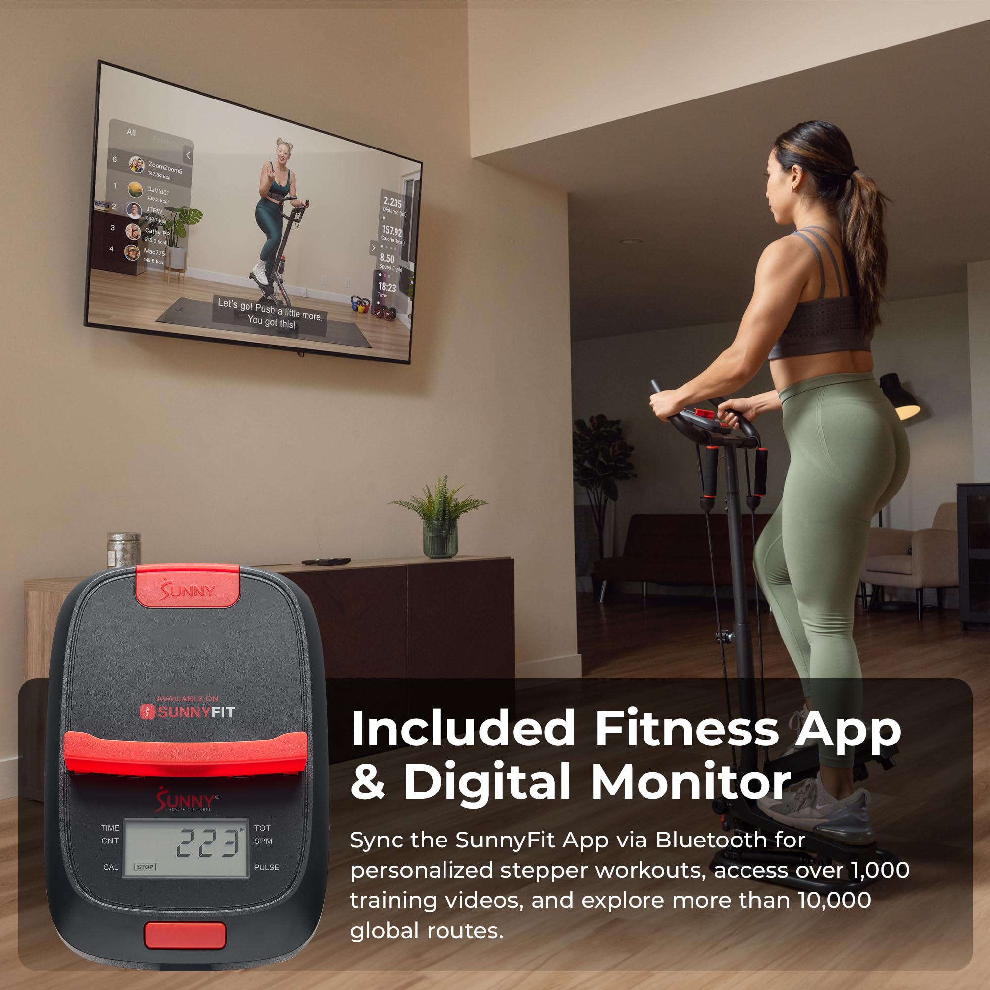 Sunny Health & Fitness Total Body 2-in-1 Smart Stepper Machine for Home with Handlebar and Resistance Bands, Total Body Workout,