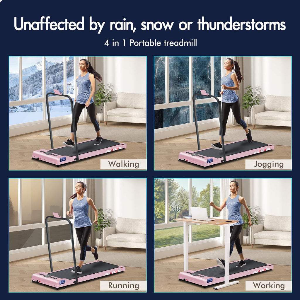 Black Lord 4 In 1 Walking Pad With Handle Bar, 2.7 Hp Quiet Foldable Under Desk Treadmill W/Bluetooth Speaker, Small Portable Ru