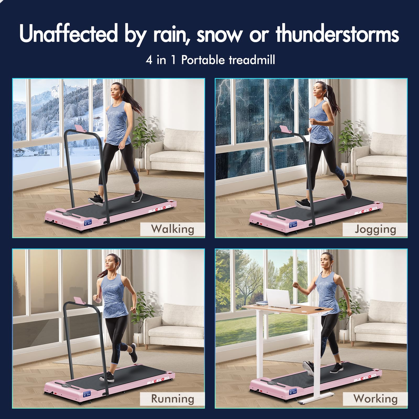 Black Lord 4 In 1 Walking Pad With Handle Bar, 2.7 Hp Quiet Foldable Under Desk Treadmill W/Bluetooth Speaker, Small Portable Ru