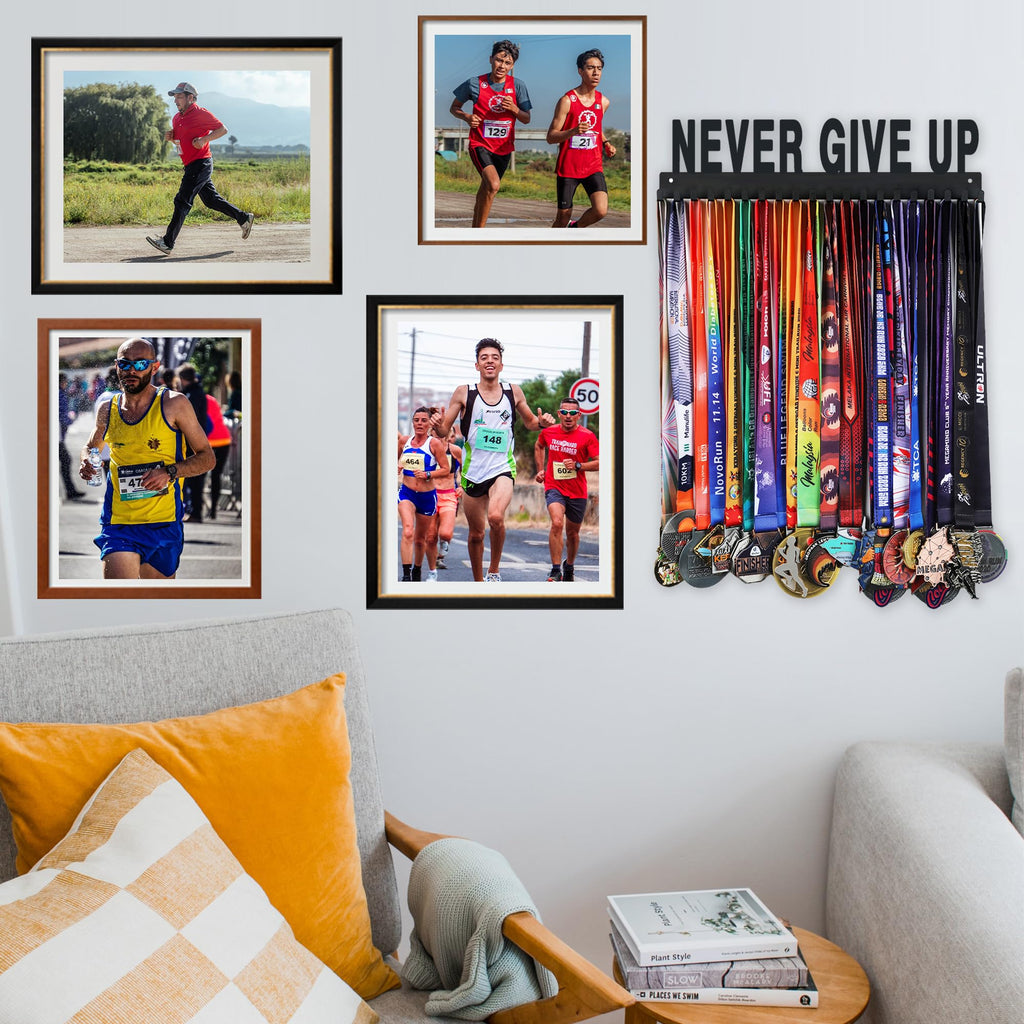 Goutoports Medal Holder Display Hanger Rack Frame for Sport Race Runner-Never Give Up - Sturdy Black Steel Metal Over 60 Medals
