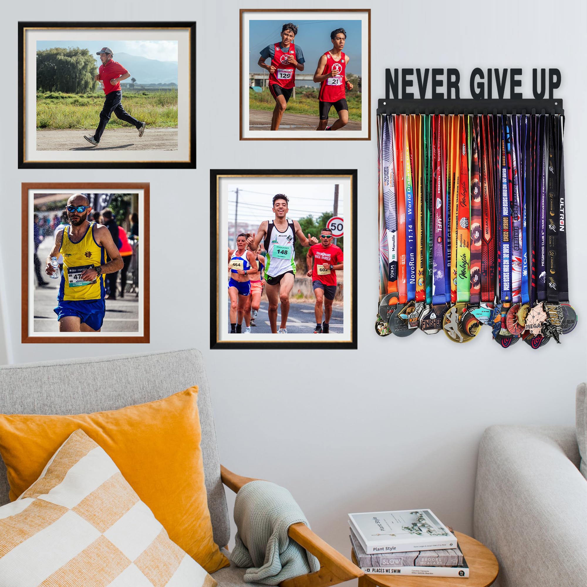 Goutoports Medal Holder Display Hanger Rack Frame for Sport Race Runner-Never Give Up - Sturdy Black Steel Metal Over 60 Medals