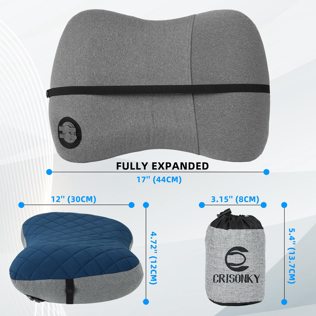 Camping Pillow With Removable Cover- Inflatable Pillow - Travel Pillows For Backpacking & Airplane, Lumbar Support Blow Up Pillo