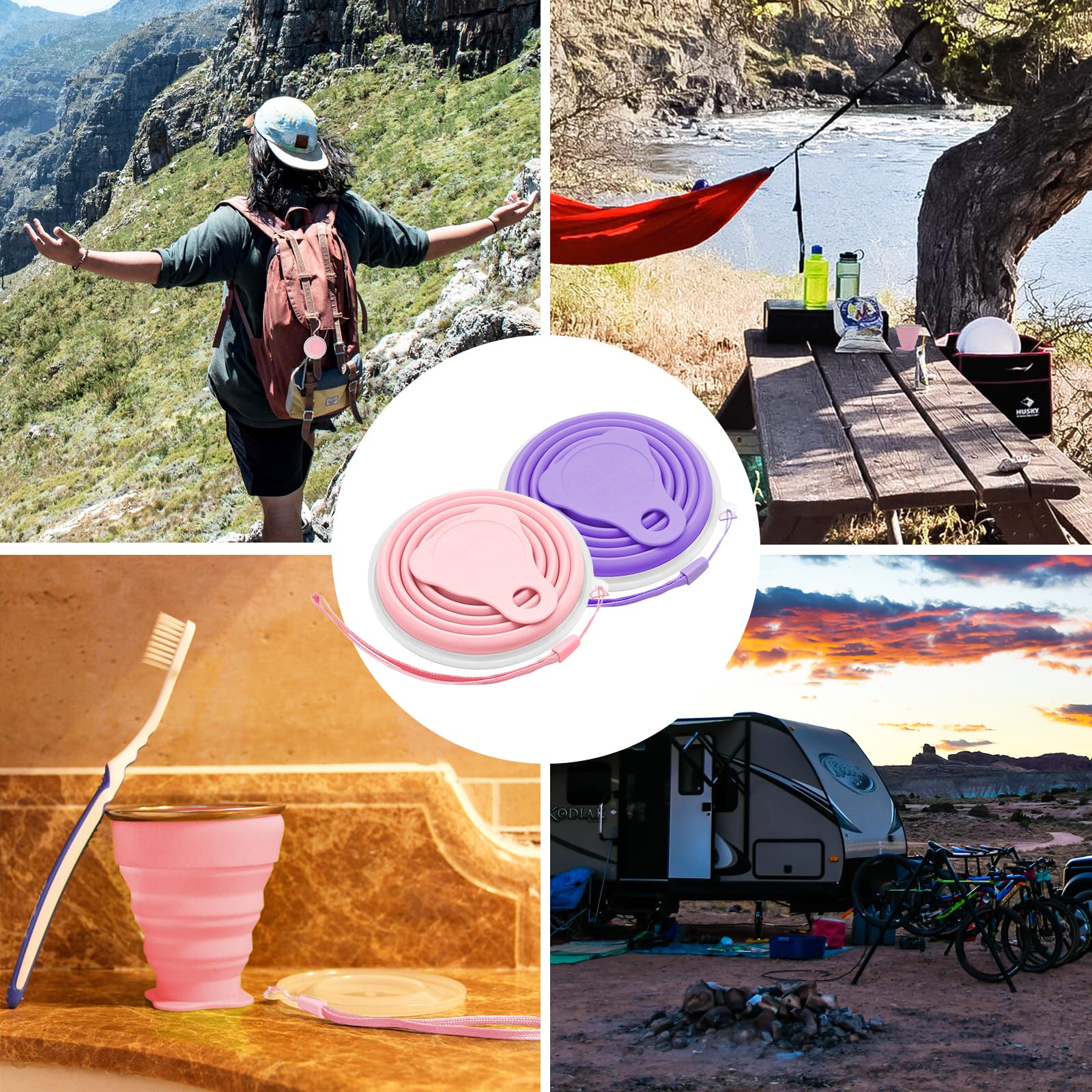 Litoexpe 2 Pack Silicone Collapsible Travel Cup Portable Folding Camping Cup Sets With Lids, Pink & Purple, Capacity 9.22Oz (270