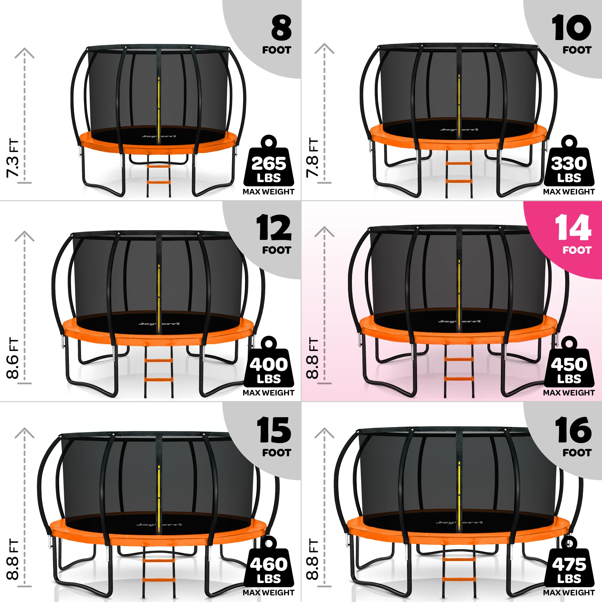 Trampoline for Kids and Adults - 8Ft 10Ft 12Ft 14FT Trampoline with Net - ASTM Certified with Bonus Lights and Sprinkler/Extra S