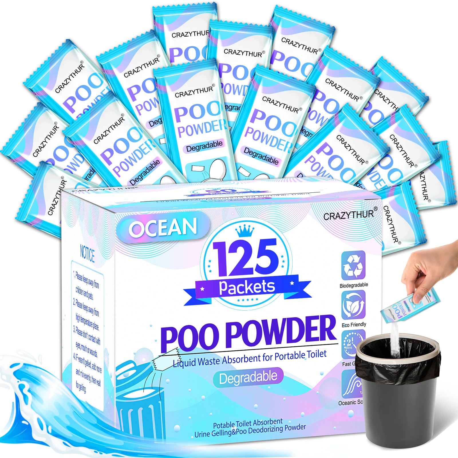 CRAZYTHUR Poo Gel for Camping Toilet, 125 Pack Poo Powder for Portable Toilet, Eco Gel, Pee Powder for Outdoor, Hiking(Ocean-Sce