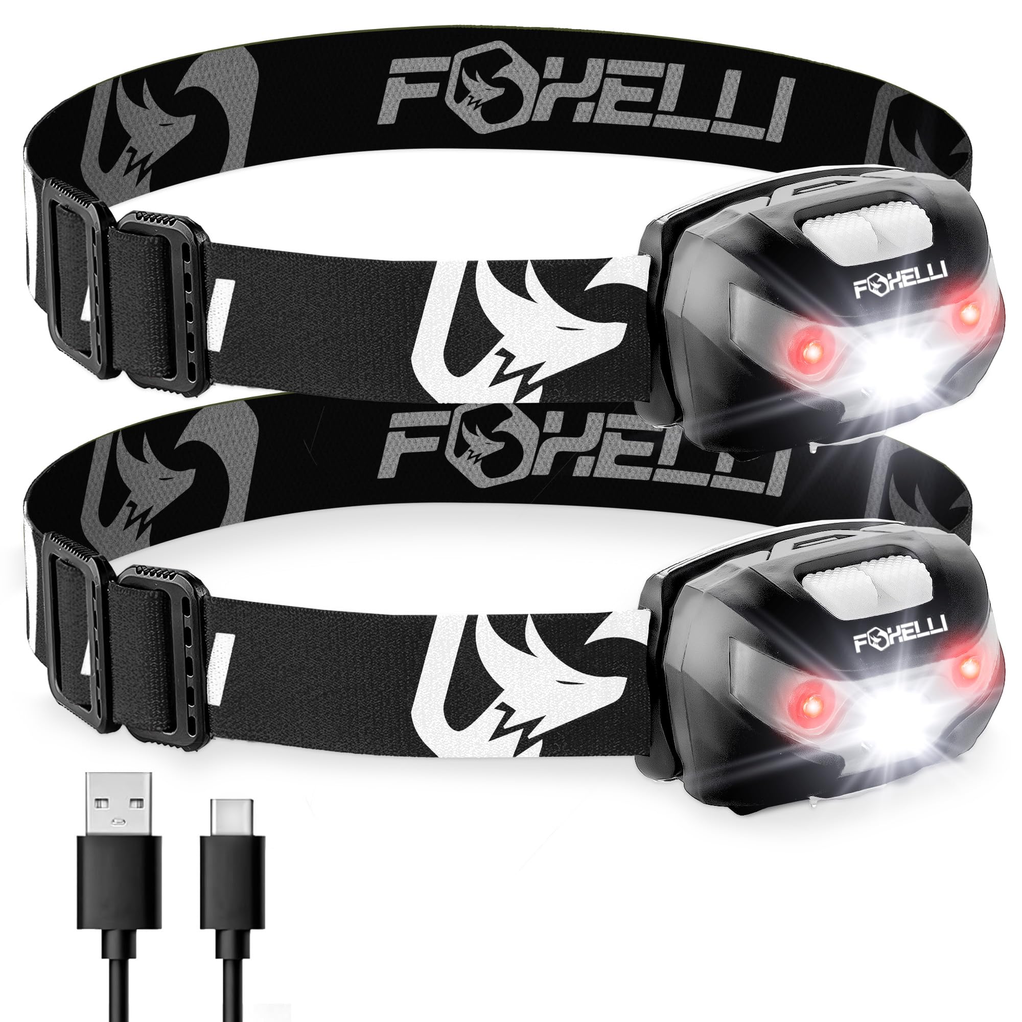 Foxelli USB-C Rechargeable LED Headlamp - Super Bright, Lightweight Head Lamp for Running, Camping, Hiking & Work - Comfortable 