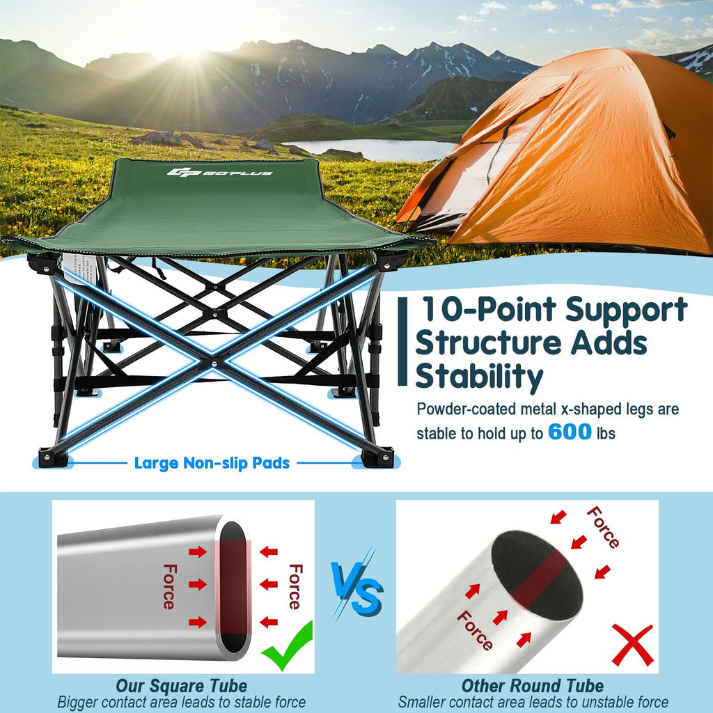 Goplus Folding Camping Cot, 27.5'' Sleeping Cot For Adults With Carry Bag, 600Lbs Weight Capacity, Slanted Head, Side Pocket, He