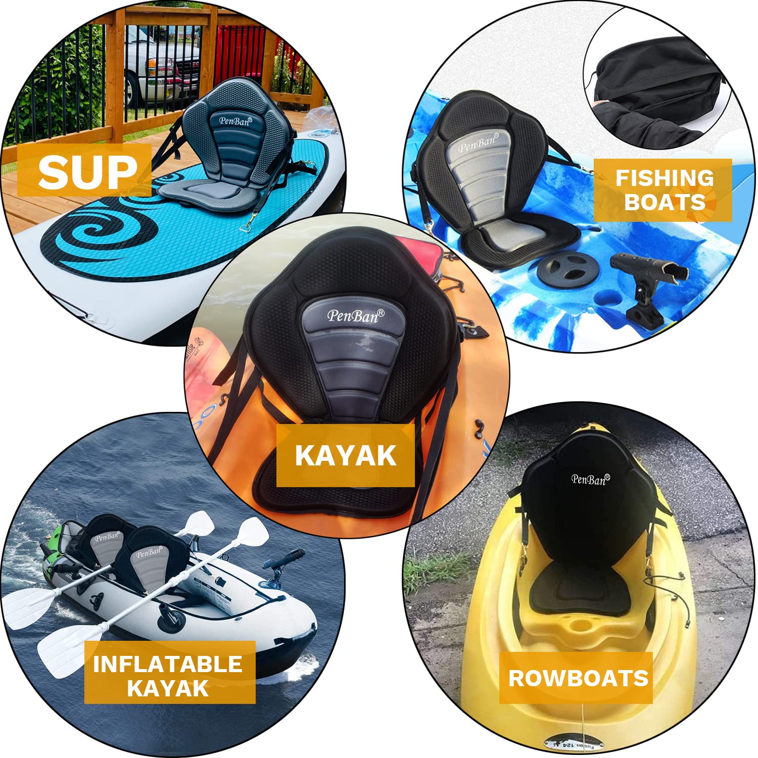 Penban Universal Deluxe Padded Kayak Seat Fishing Boat Seat With Storage Bag,Detachable Universal Paddle Board Seat,Adjustable K