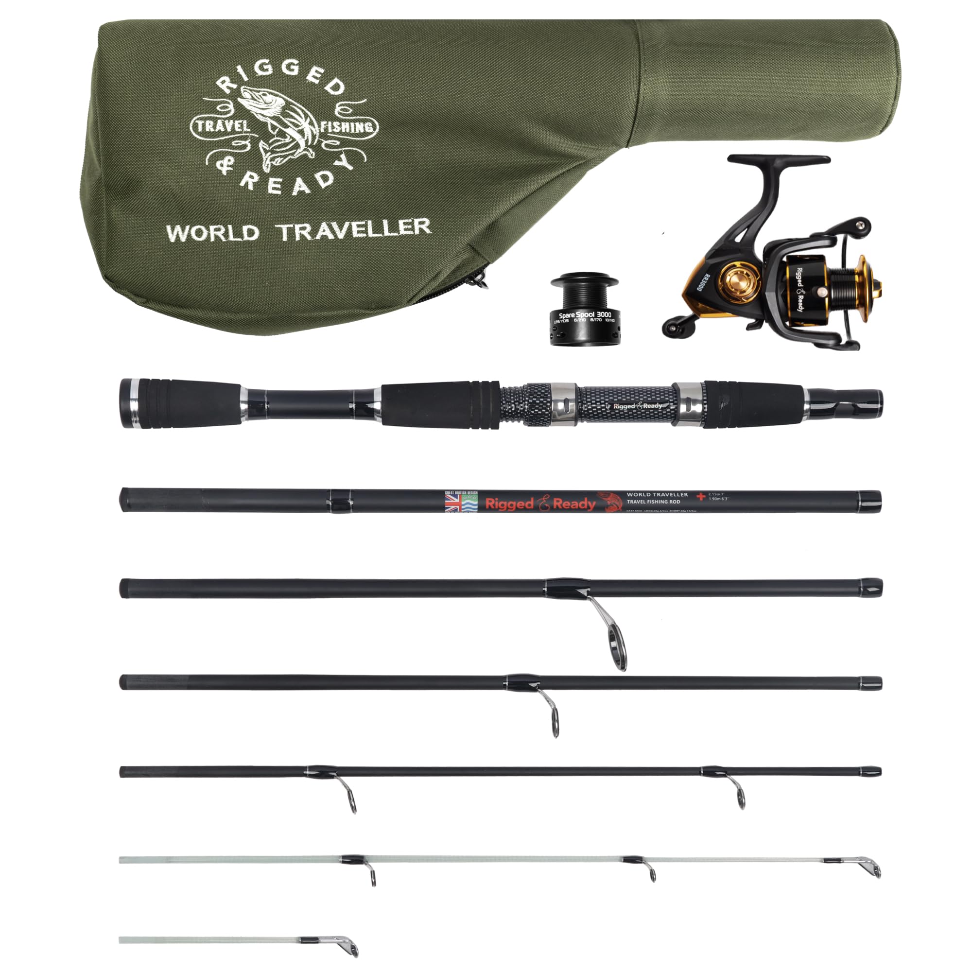 Rigged And Ready World Traveller Rod Reel Case Combination + 2 Tips 215+190Cm (7'+6') Angling Travel Pole. Spin Bait Carp Pike F
