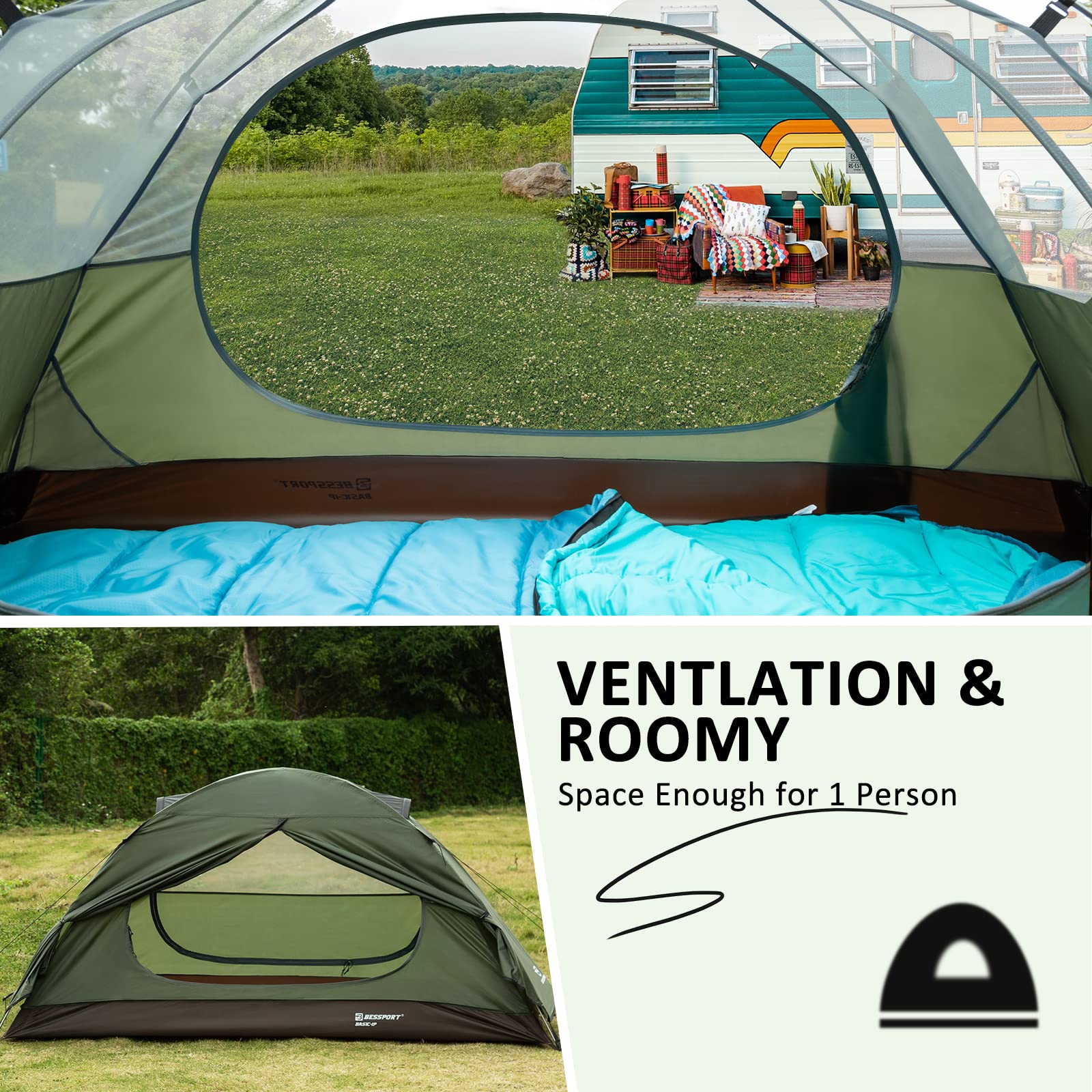 Bessport Camping Tent 1 Person Tent Waterproof Two Doors Backpacking Tent Easy Setup Lightweight For Outdoor, Hiking Mountaineer