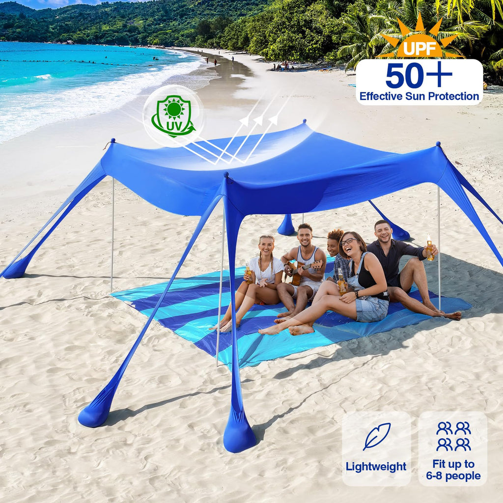 Rhino Valley Beach Tent, 10 X 10 Ft Beach Shade Upf50+ Protection, Beachcanopy With 8 Sandbags 4 Stability Poles, Outdoor Beach