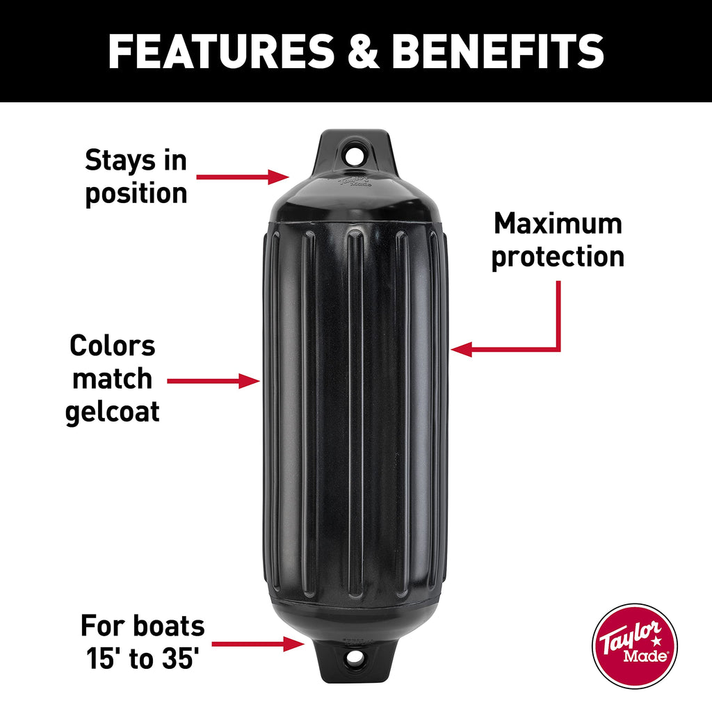 Taylor Made Super Gard Boat Fender, Black Onyx (5.5'' X 20'') Double-Molded Ends, Ribbed Technology To Minimize Roll, Rubber Foo