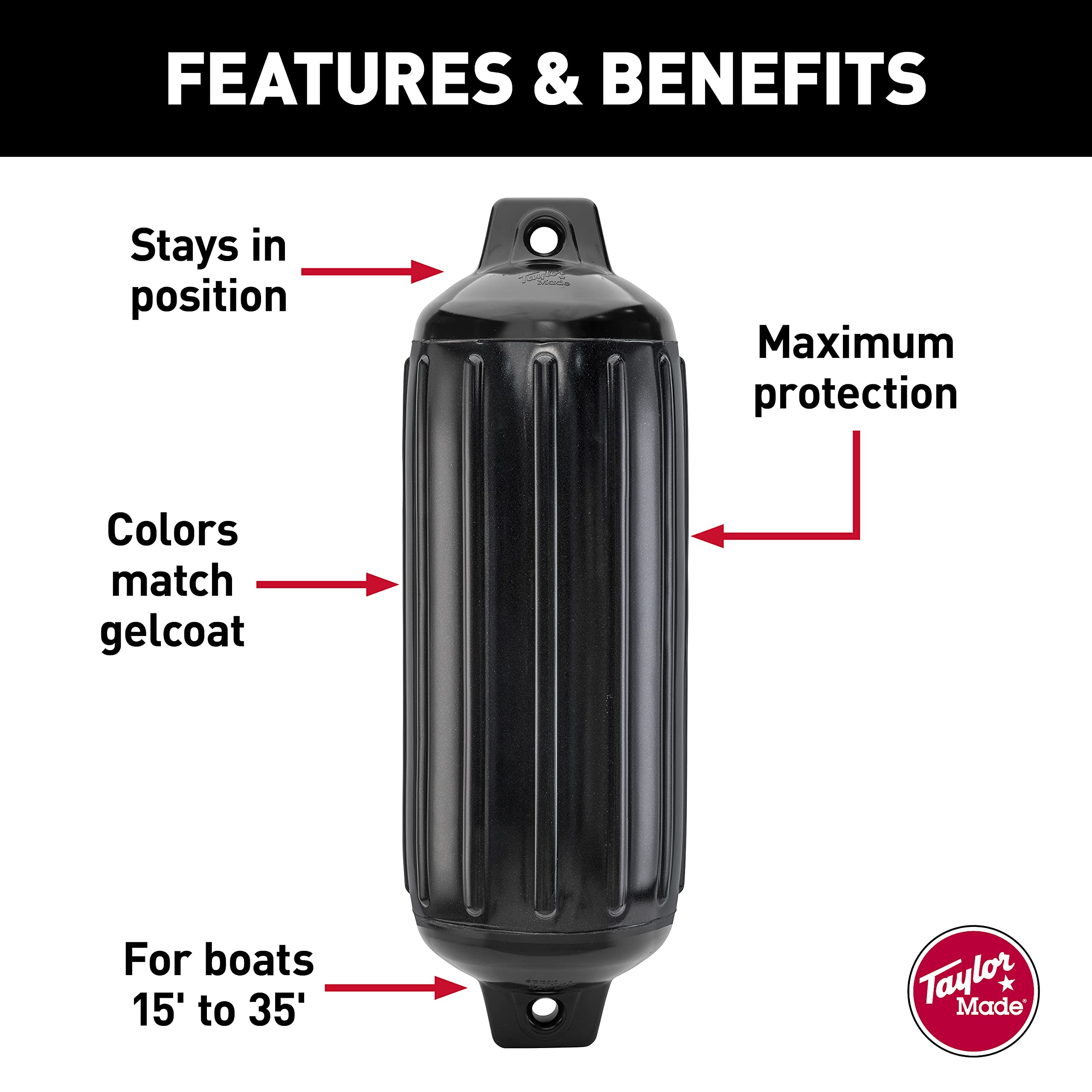 Taylor Made Super Gard Boat Fender, Black Onyx (5.5'' X 20'') Double-Molded Ends, Ribbed Technology To Minimize Roll, Rubber Foo