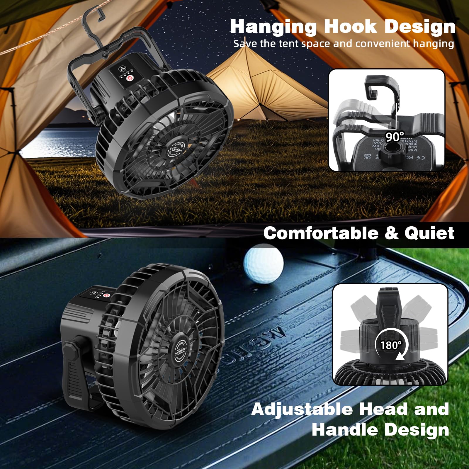 Roykaw 10400 Mah Magnetic Golf Cart Fan Portable Rechargeable Battery Powered, 24+ Hrs, W/Led Lights, Compatible With Ezgo/Club