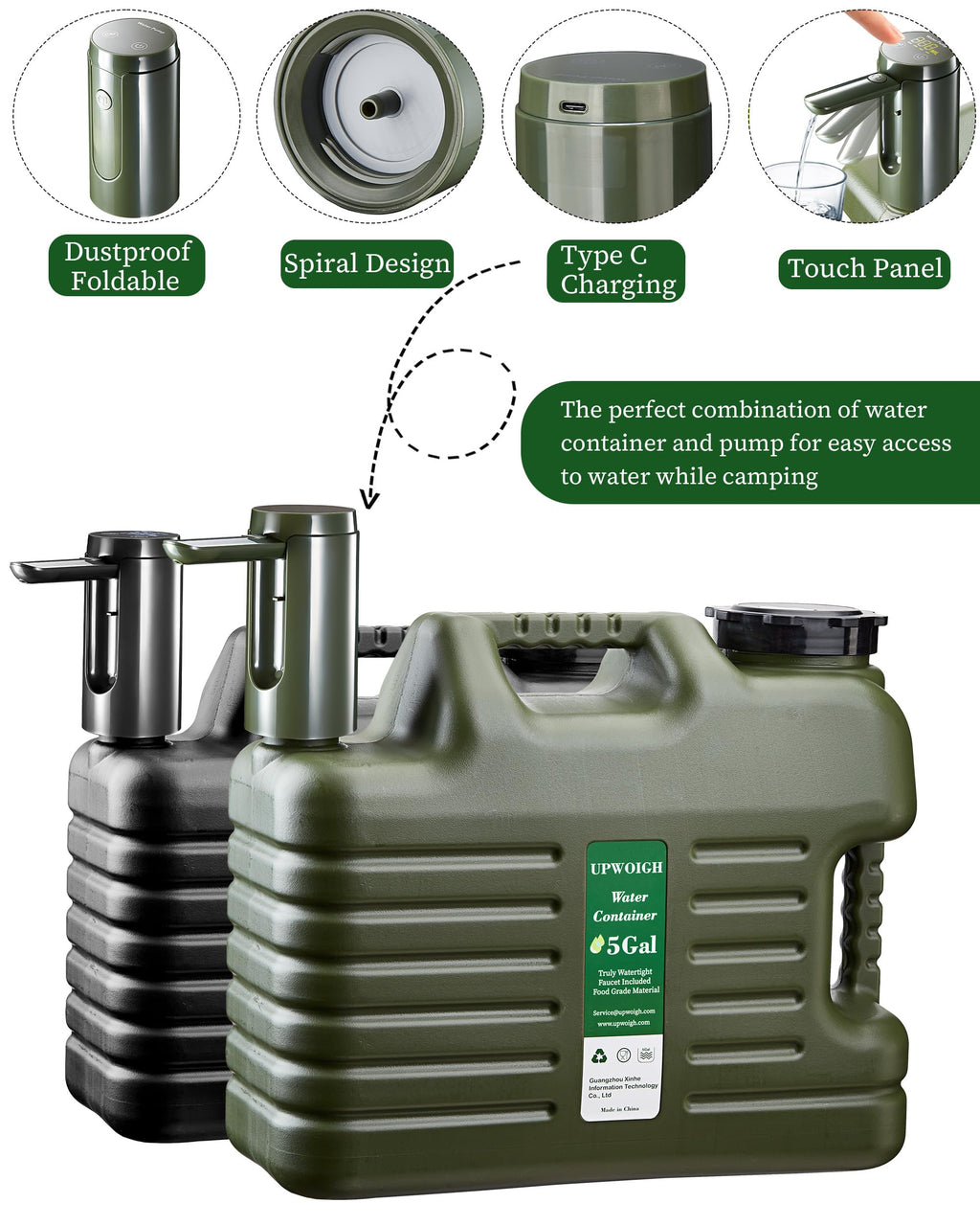 Portable 5 Gallon Water Jug With Automatic Touch Control Pump,Truly No Leakage Water Container With Spigot,Type-C Rechargeable M